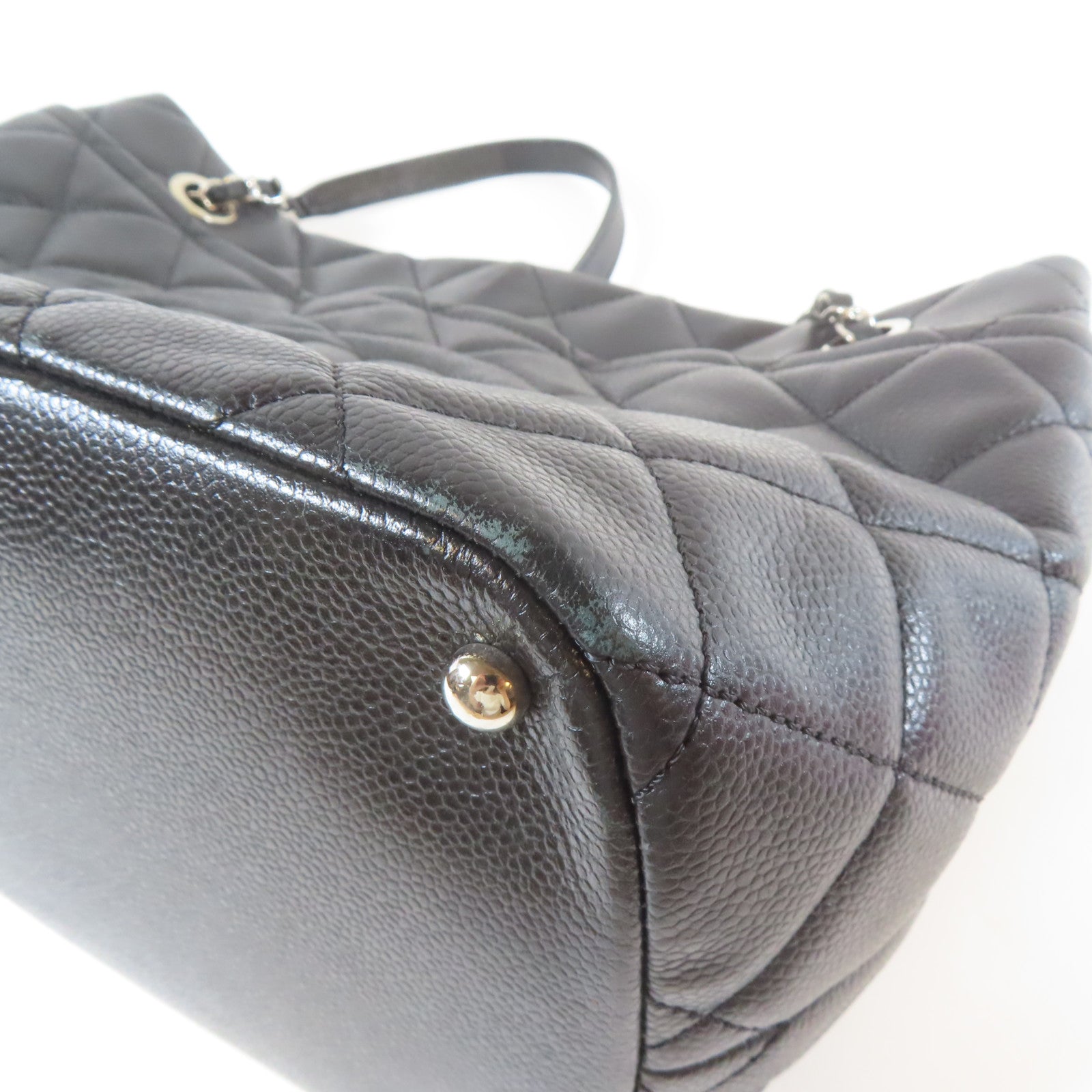 CHANEL 菱格Caviar皮革Totebag銀扣鏈帶肩背袋黑色