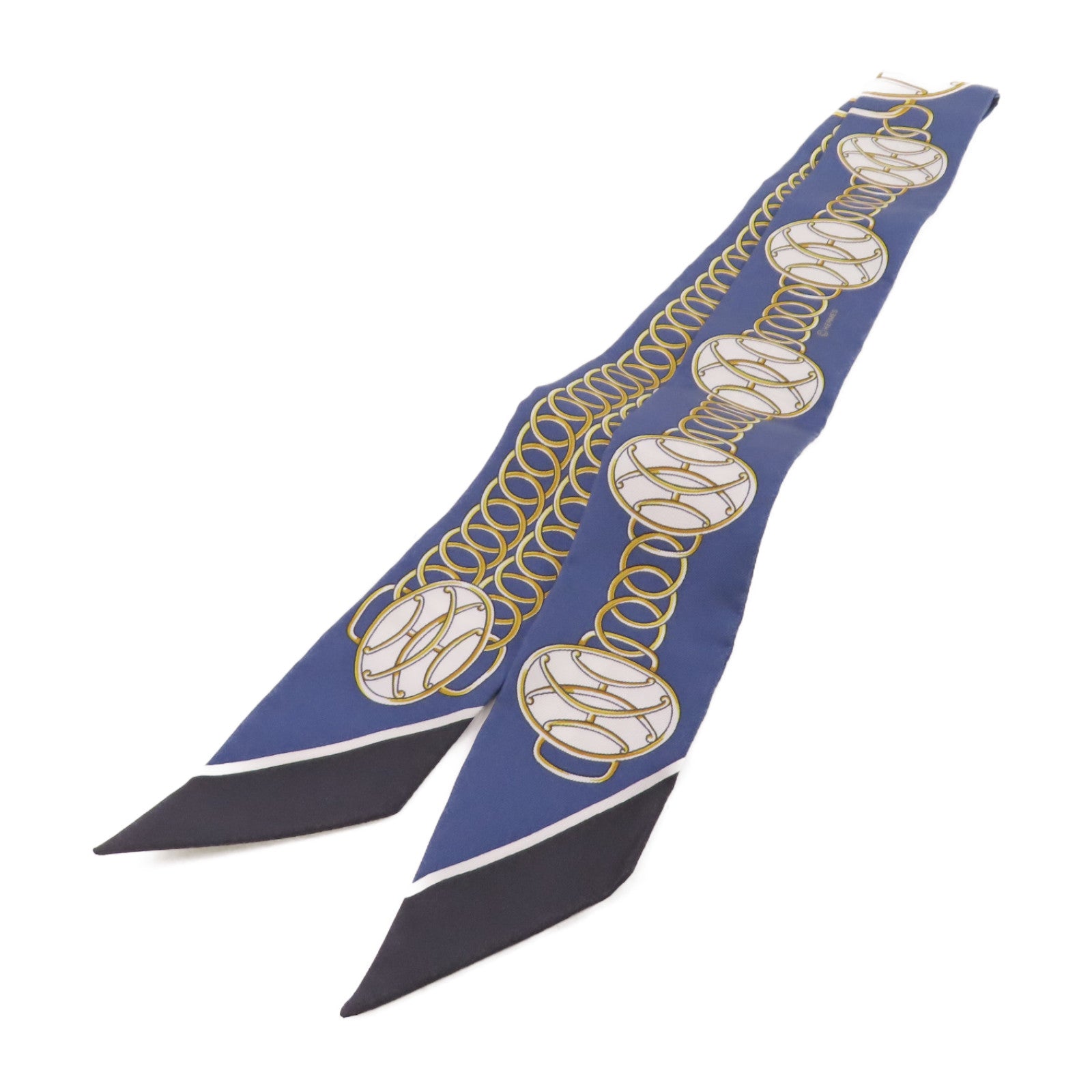 HERMES 絲質Twilly Scarf絲巾藍色/白色/金色/黑色