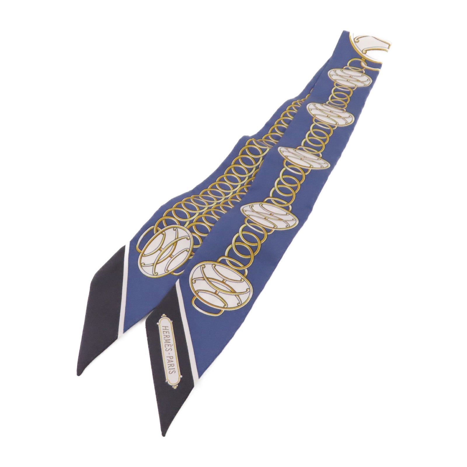 HERMES 絲質Twilly Scarf絲巾藍色/白色/金色/黑色