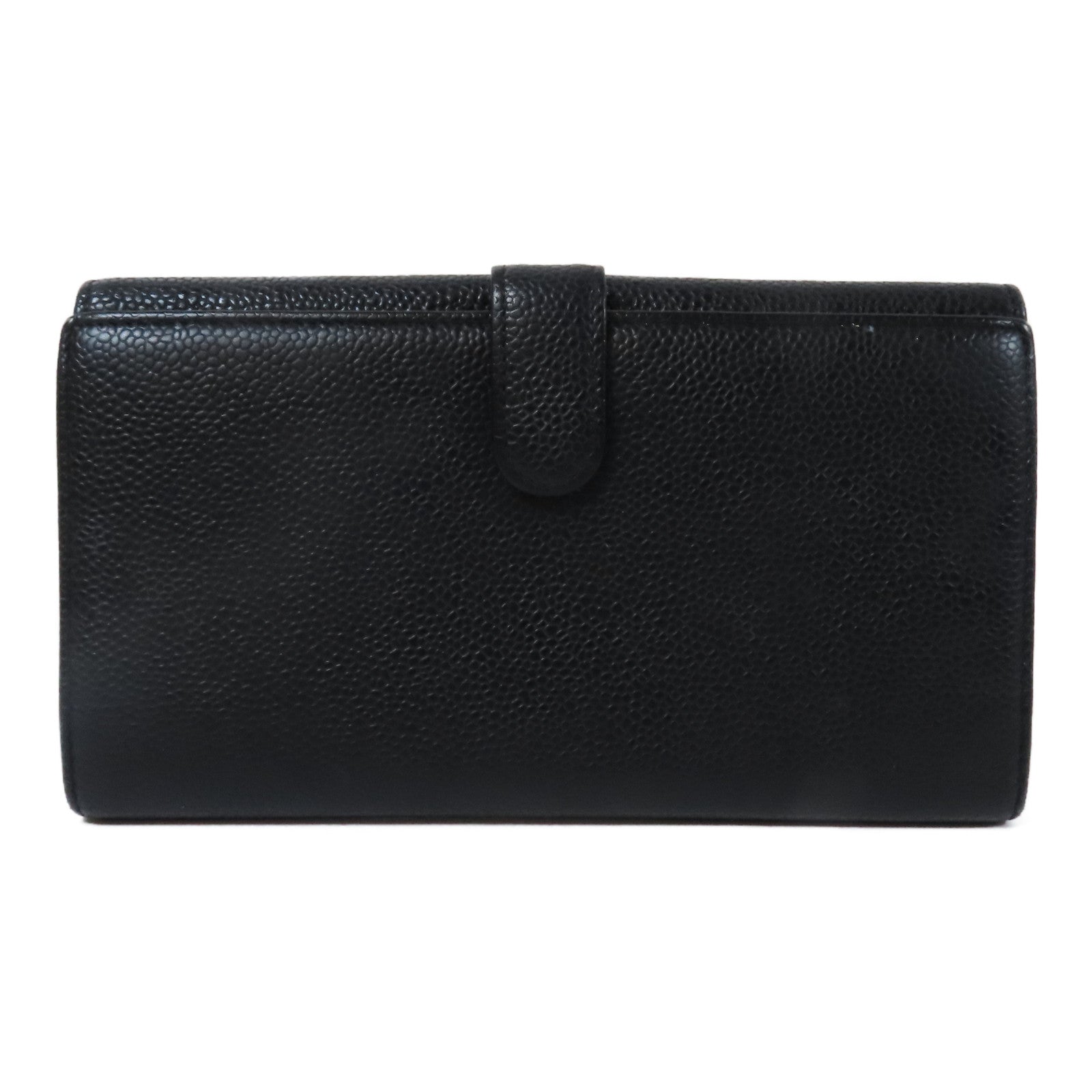 CHANEL 牛皮皮革Long Wallet銀扣長錢包黑色