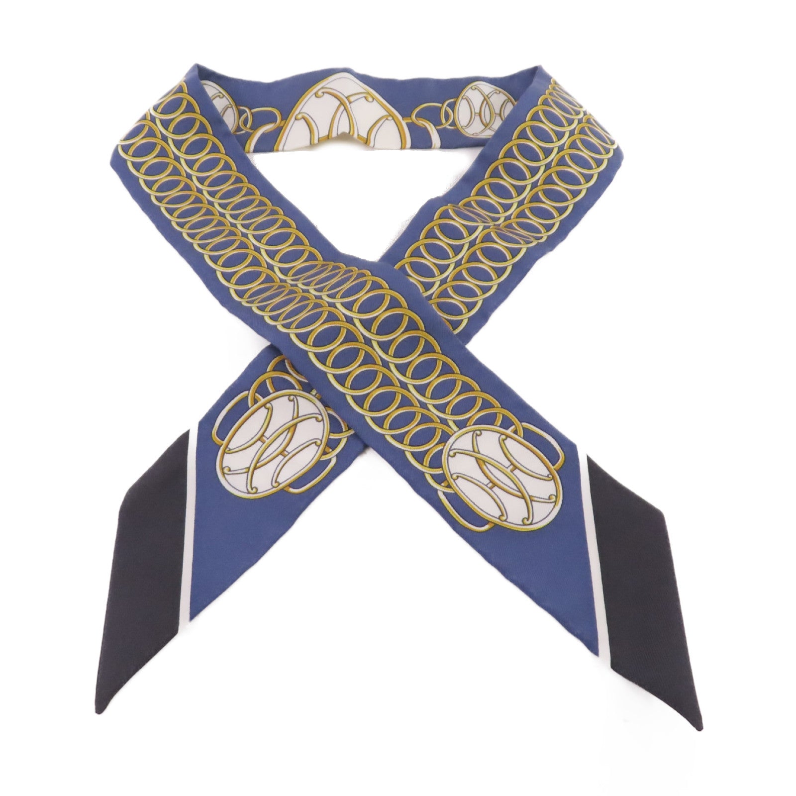 HERMES 絲質Twilly Scarf絲巾藍色/白色/金色/黑色