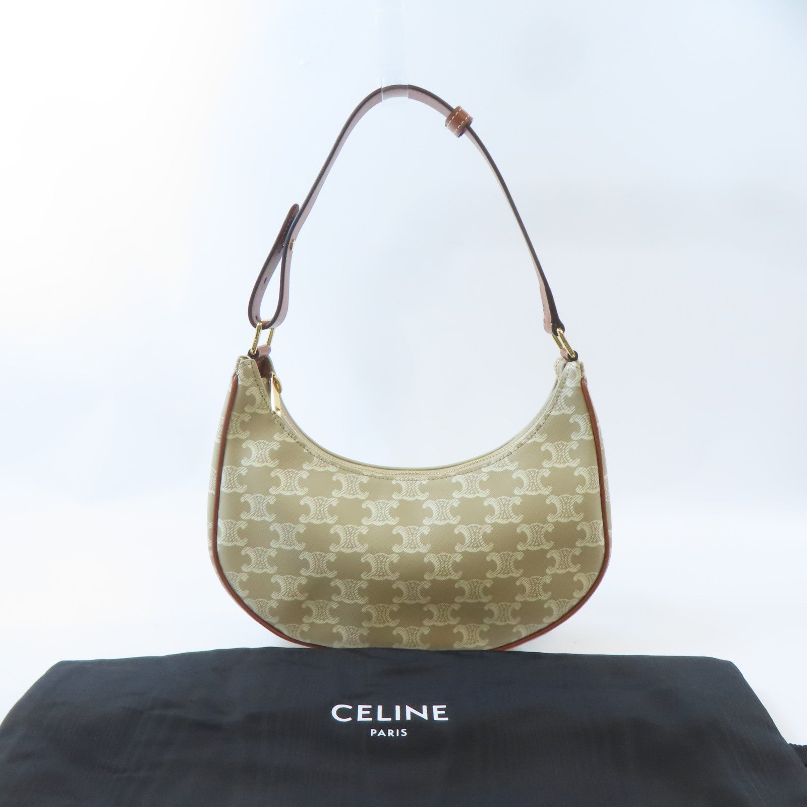 CELINE 塗層帆布Ava Triomphe金扣肩背袋米色