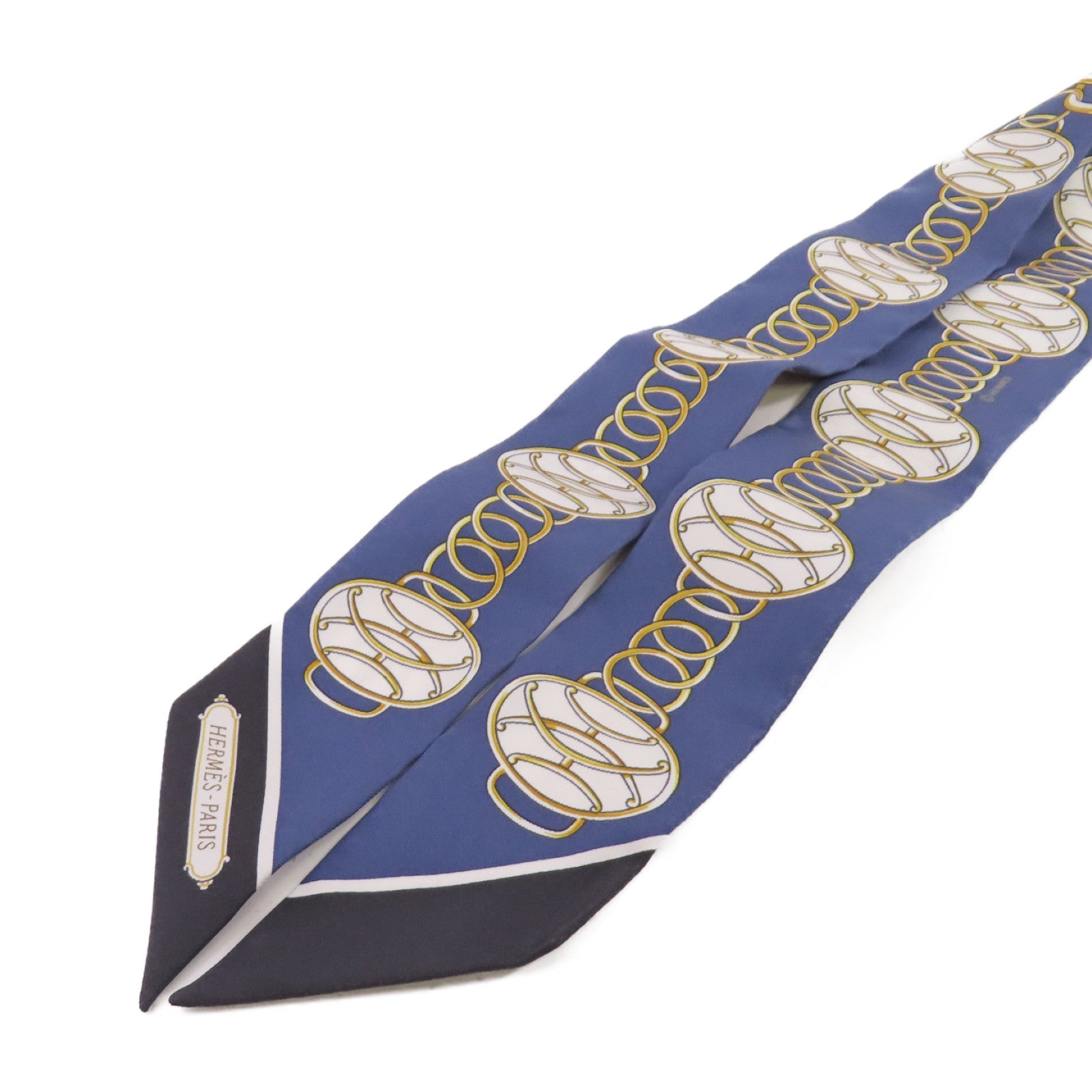 HERMES 絲質Twilly Scarf絲巾藍色/白色/金色/黑色