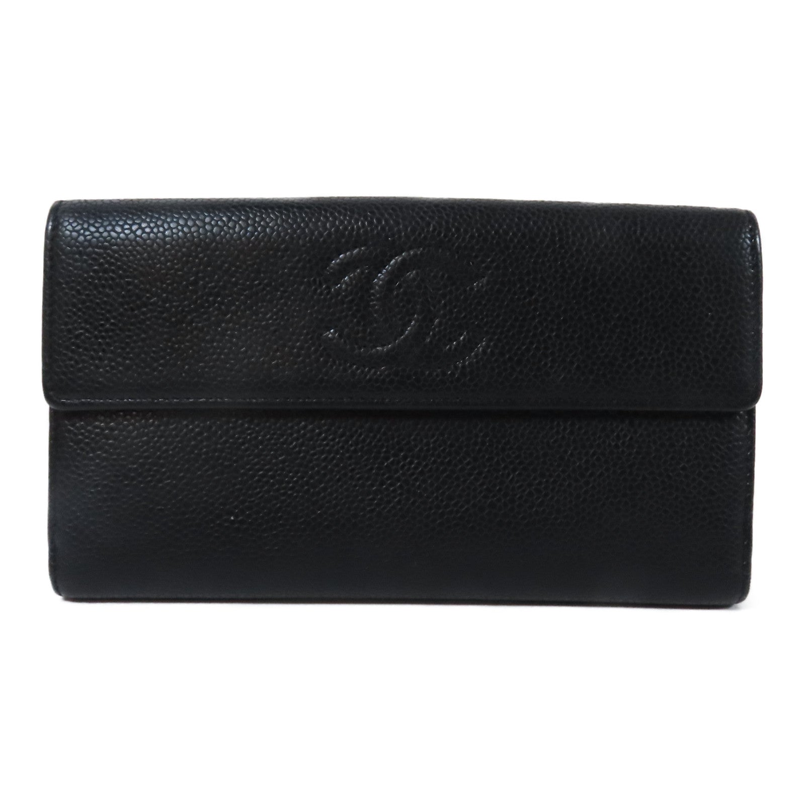 CHANEL 牛皮皮革Long Wallet銀扣長錢包黑色