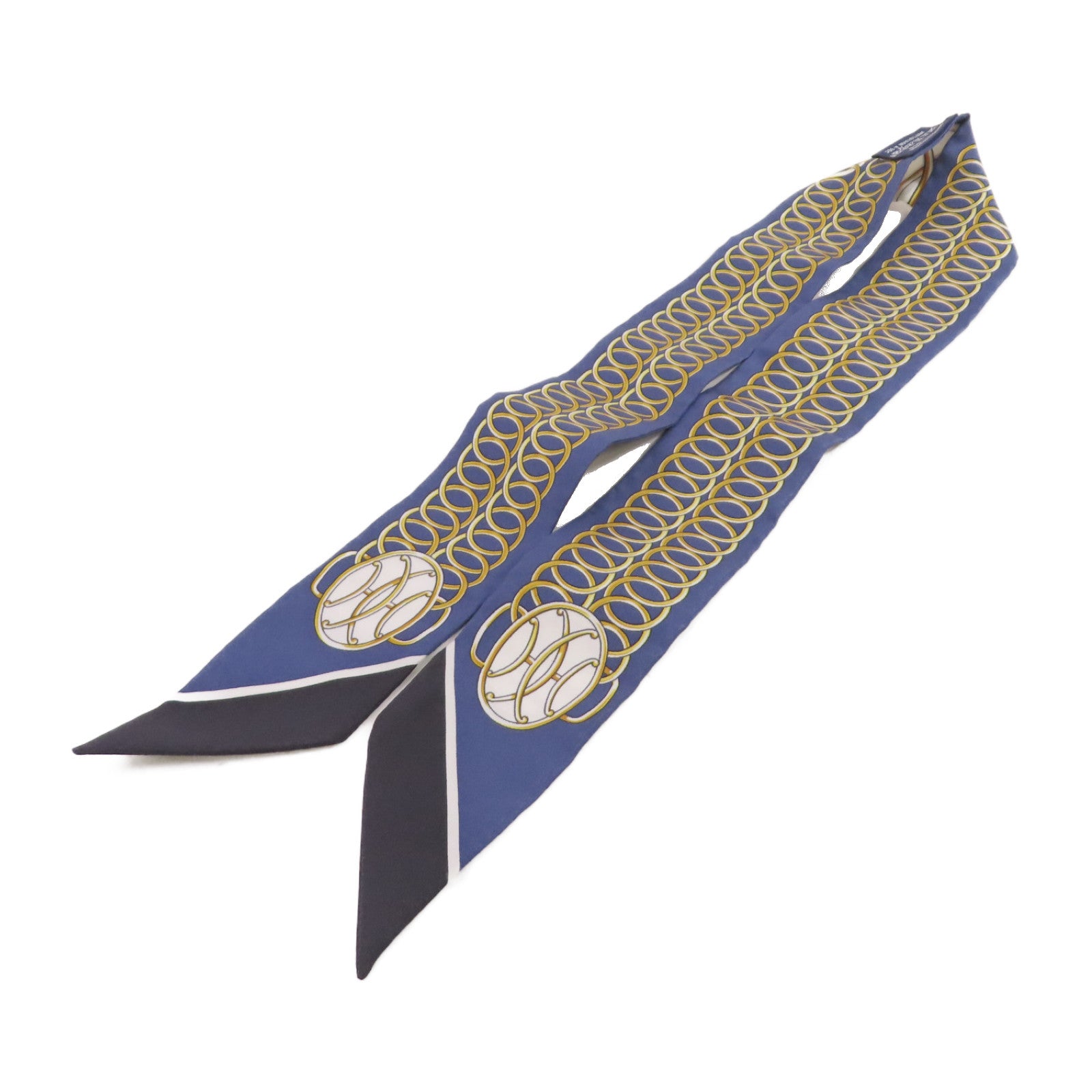 HERMES 絲質Twilly Scarf絲巾藍色/白色/金色/黑色