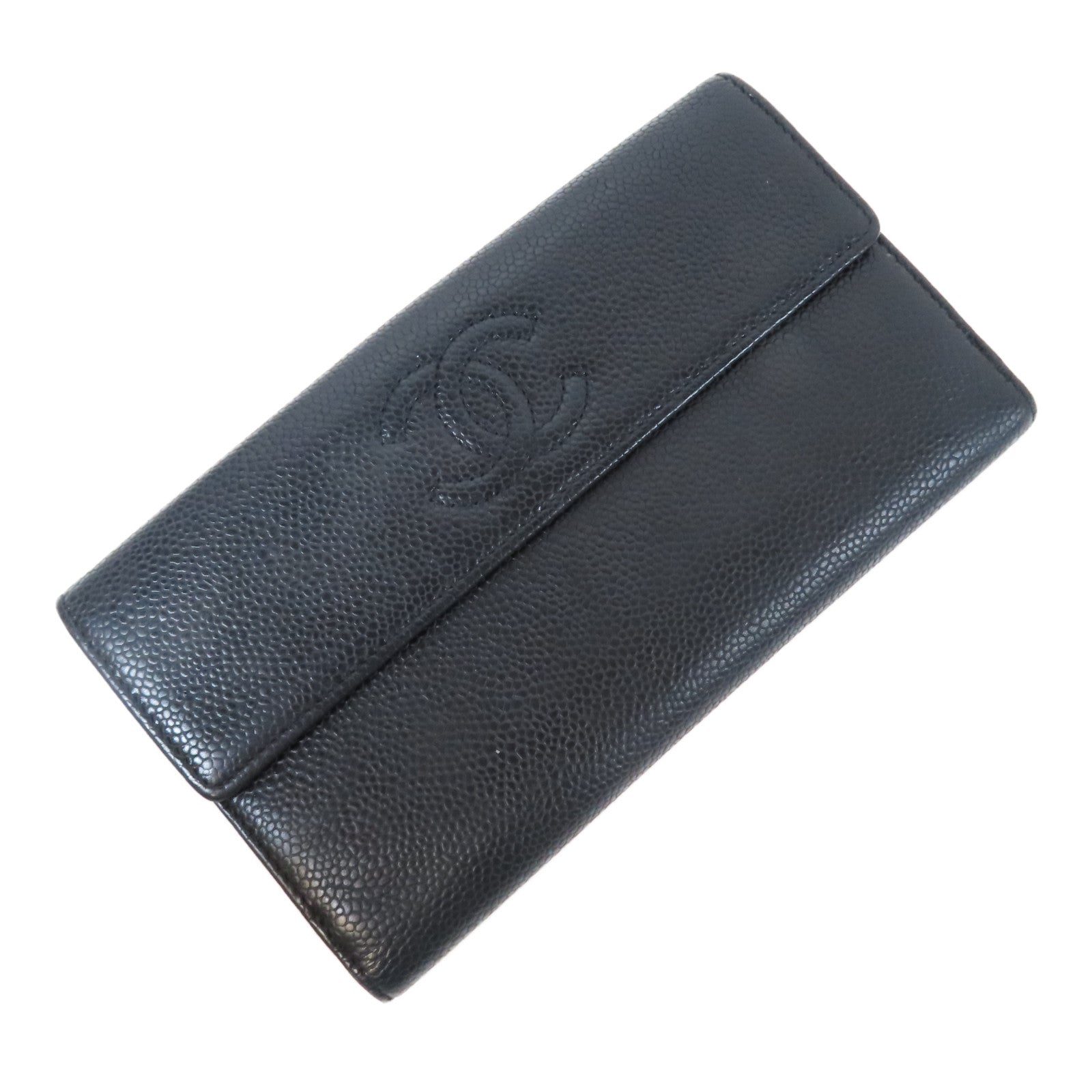 CHANEL 牛皮皮革Long Wallet銀扣長錢包黑色