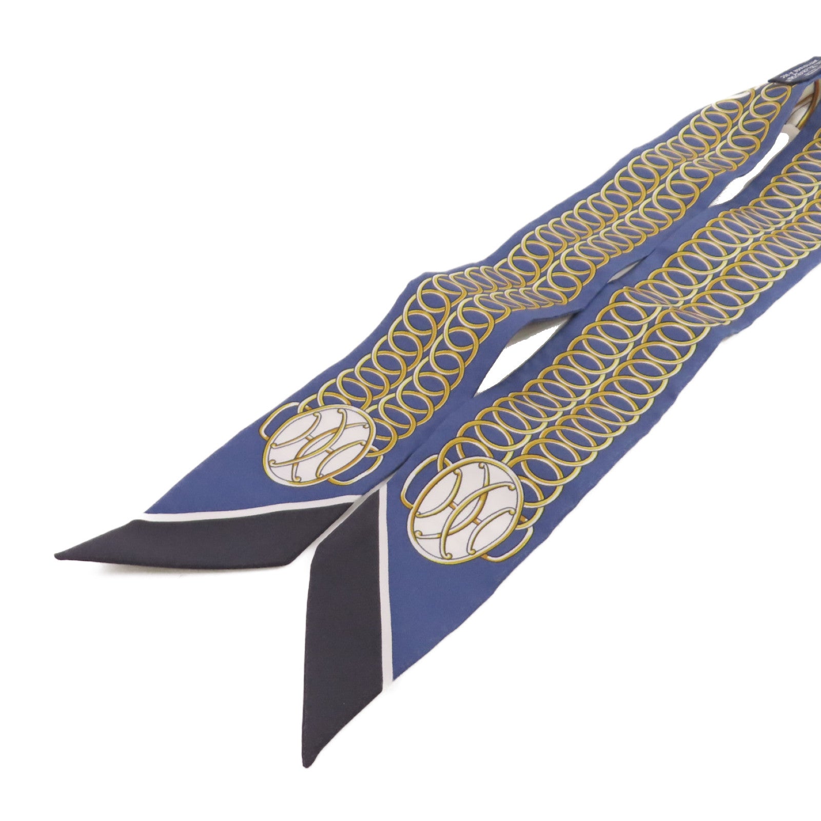 HERMES 絲質Twilly Scarf絲巾藍色/白色/金色/黑色