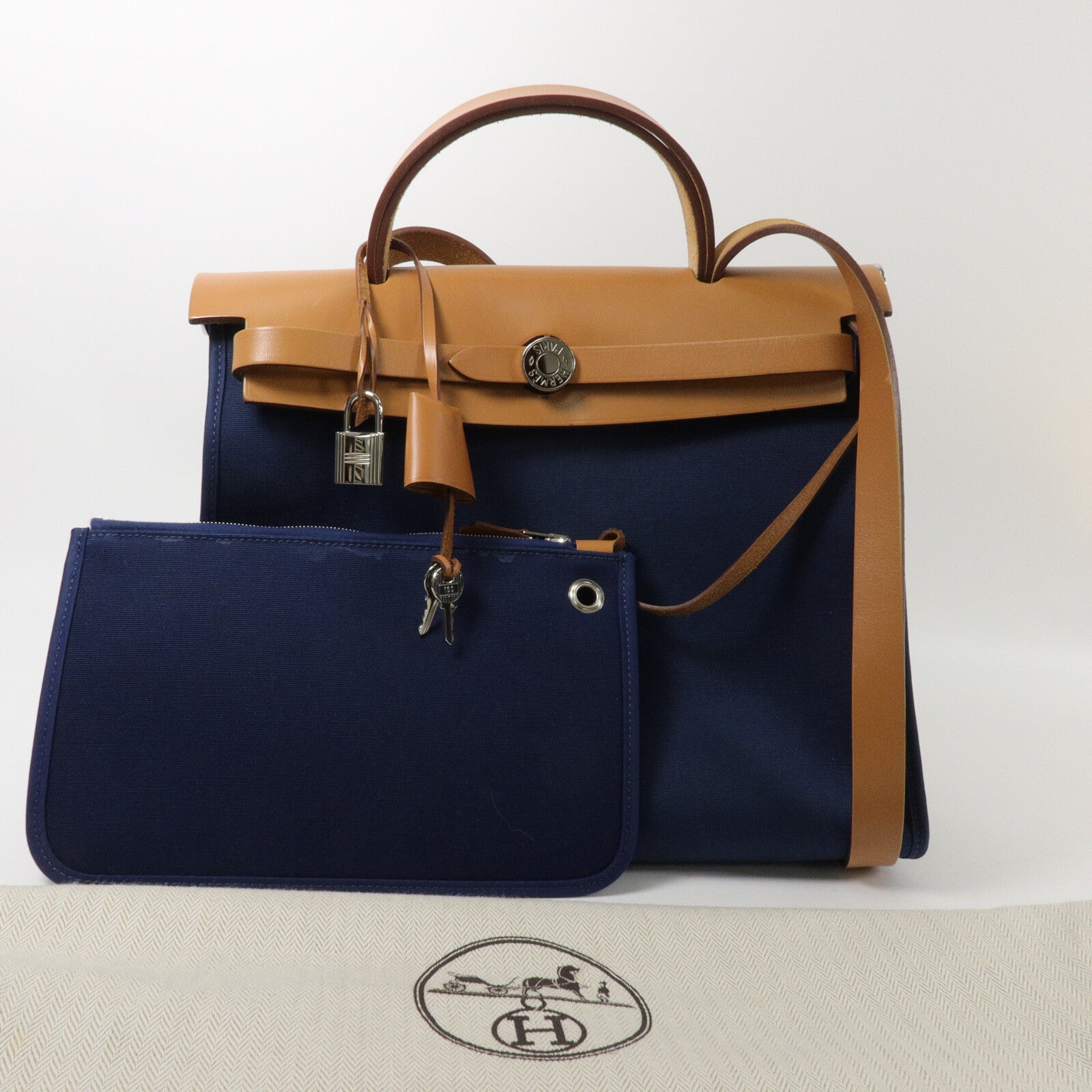 HERMES 帆布Herbag PM手挽肩背兩用袋Blue De Malte