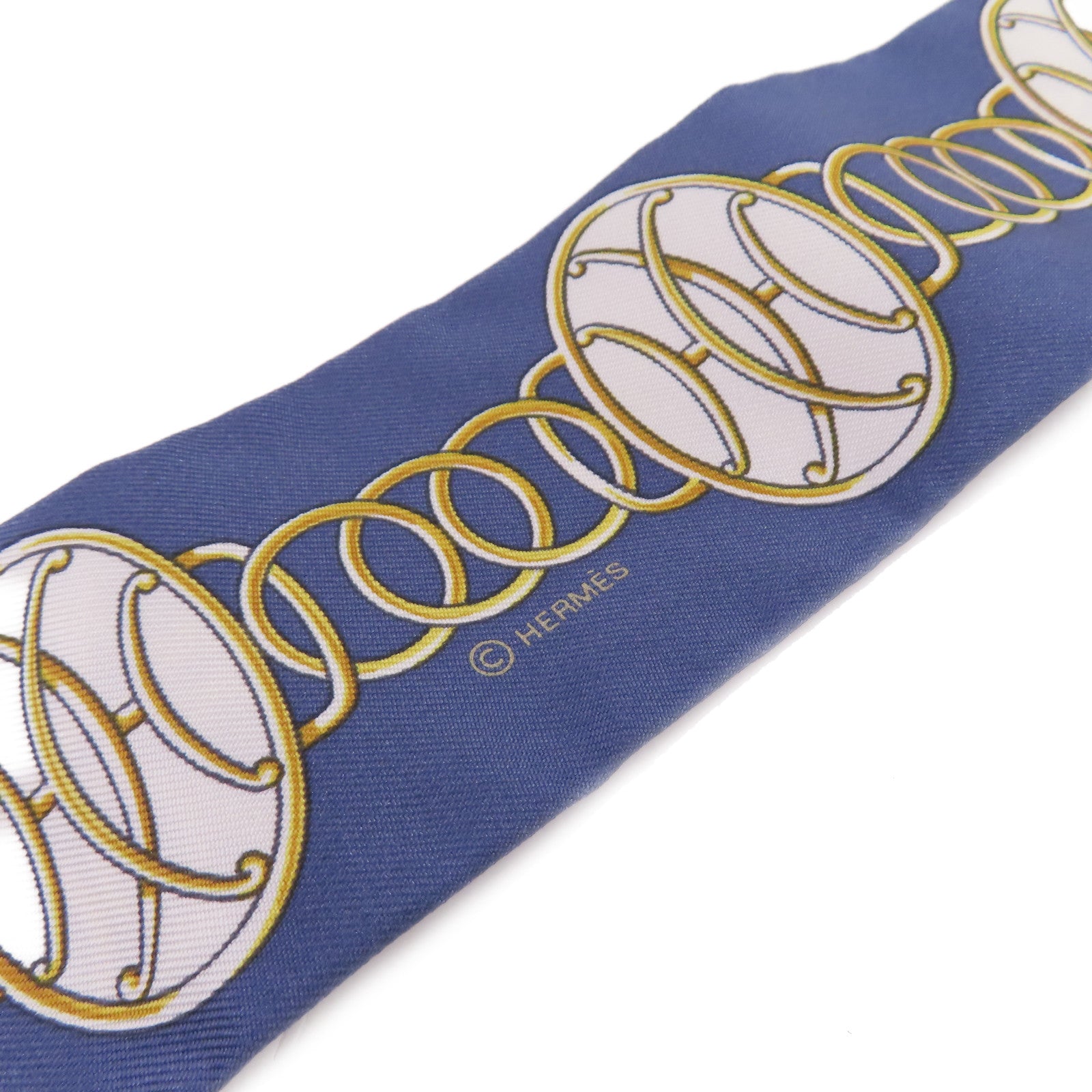 HERMES 絲質Twilly Scarf絲巾藍色/白色/金色/黑色