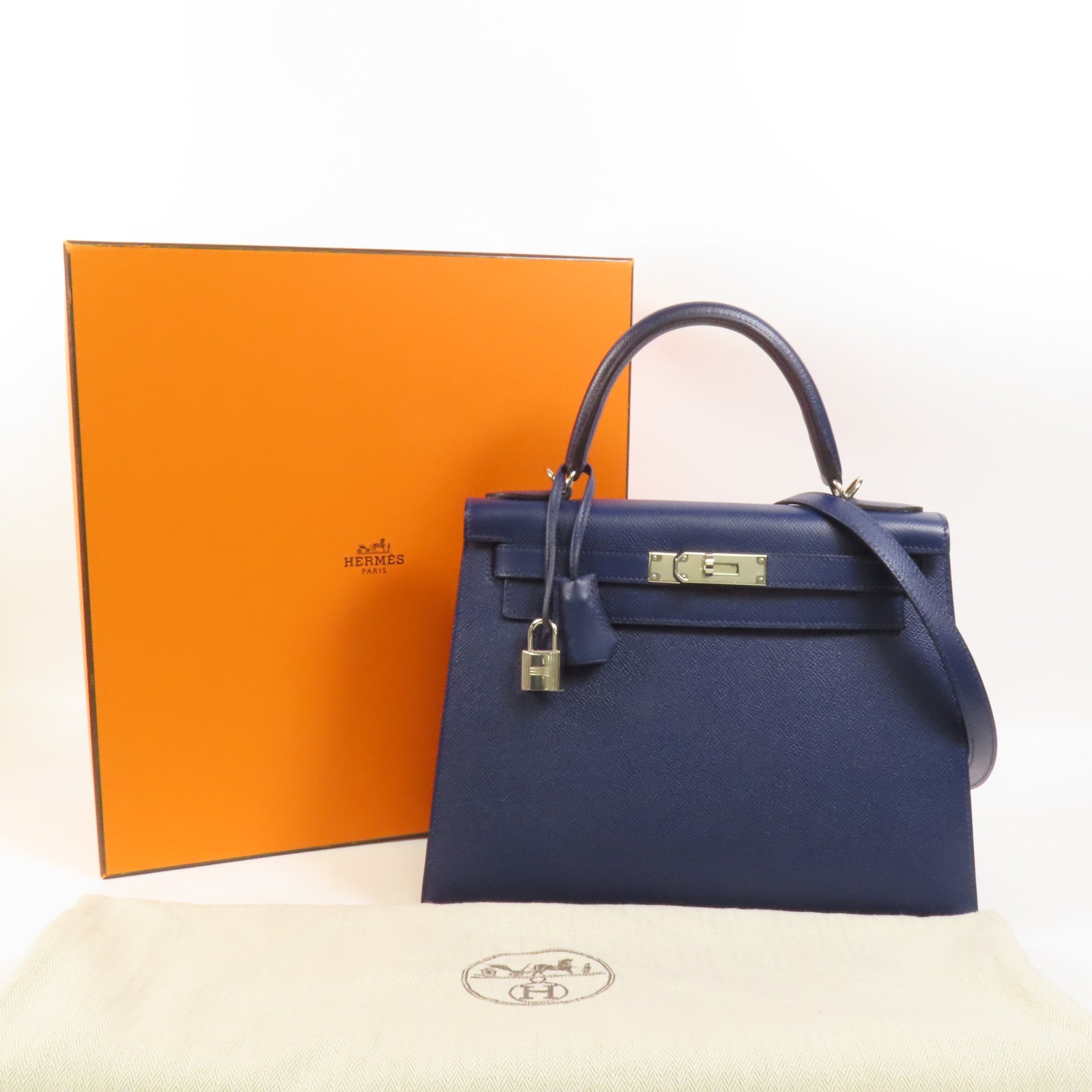 HERMES Epsom皮革Kelly 28銀扣手挽肩背兩用袋Bleu Saphir