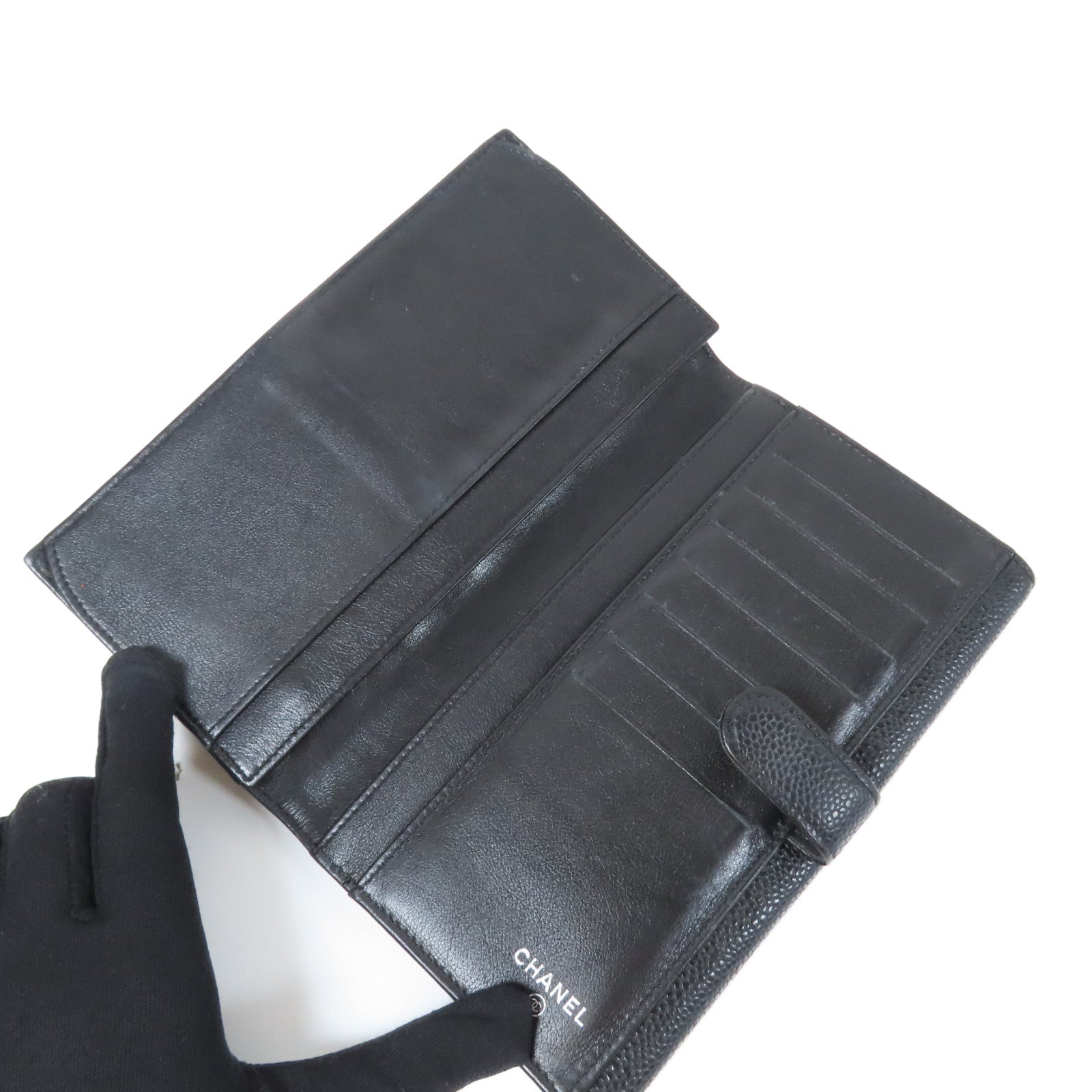 CHANEL 牛皮皮革Long Wallet銀扣長錢包黑色
