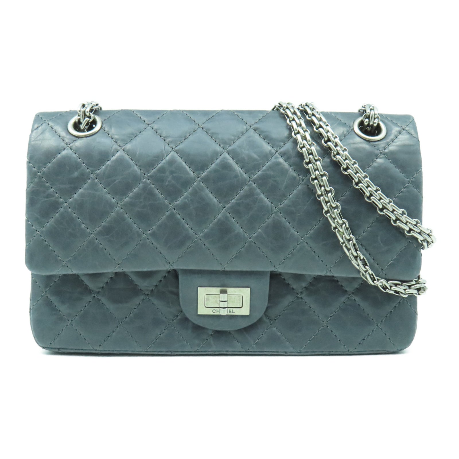 CHANEL 【激減優惠】菱格牛皮皮革2.55 Chain Shoulder銀扣鏈帶肩背袋灰色