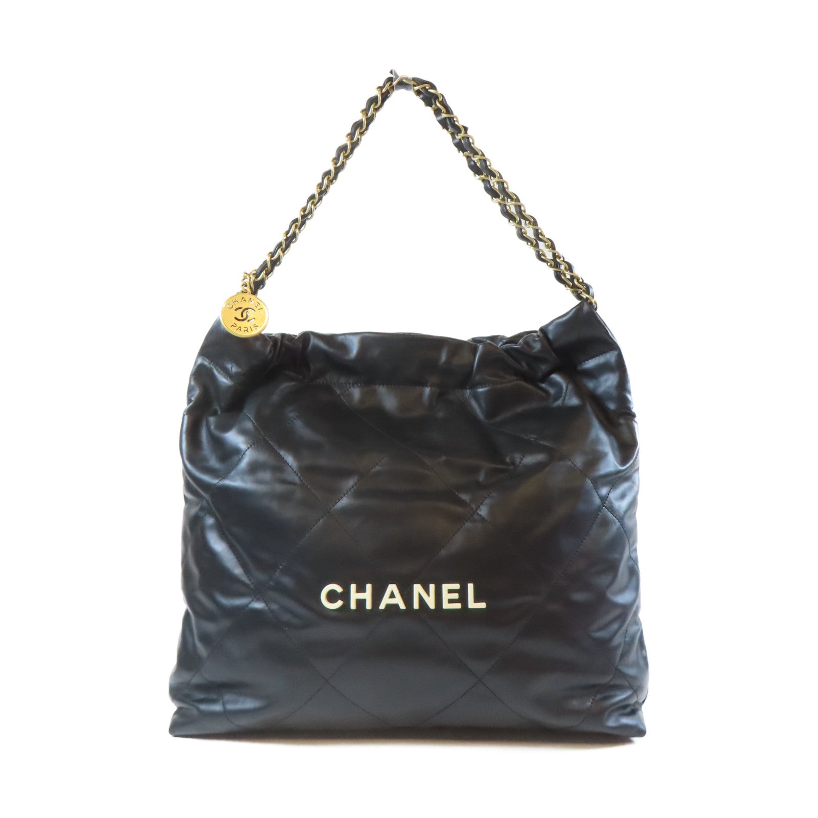 CHANEL 菱格羊皮皮革Chanel 22 Chain Shoulder Bag金扣鏈帶肩背袋黑色