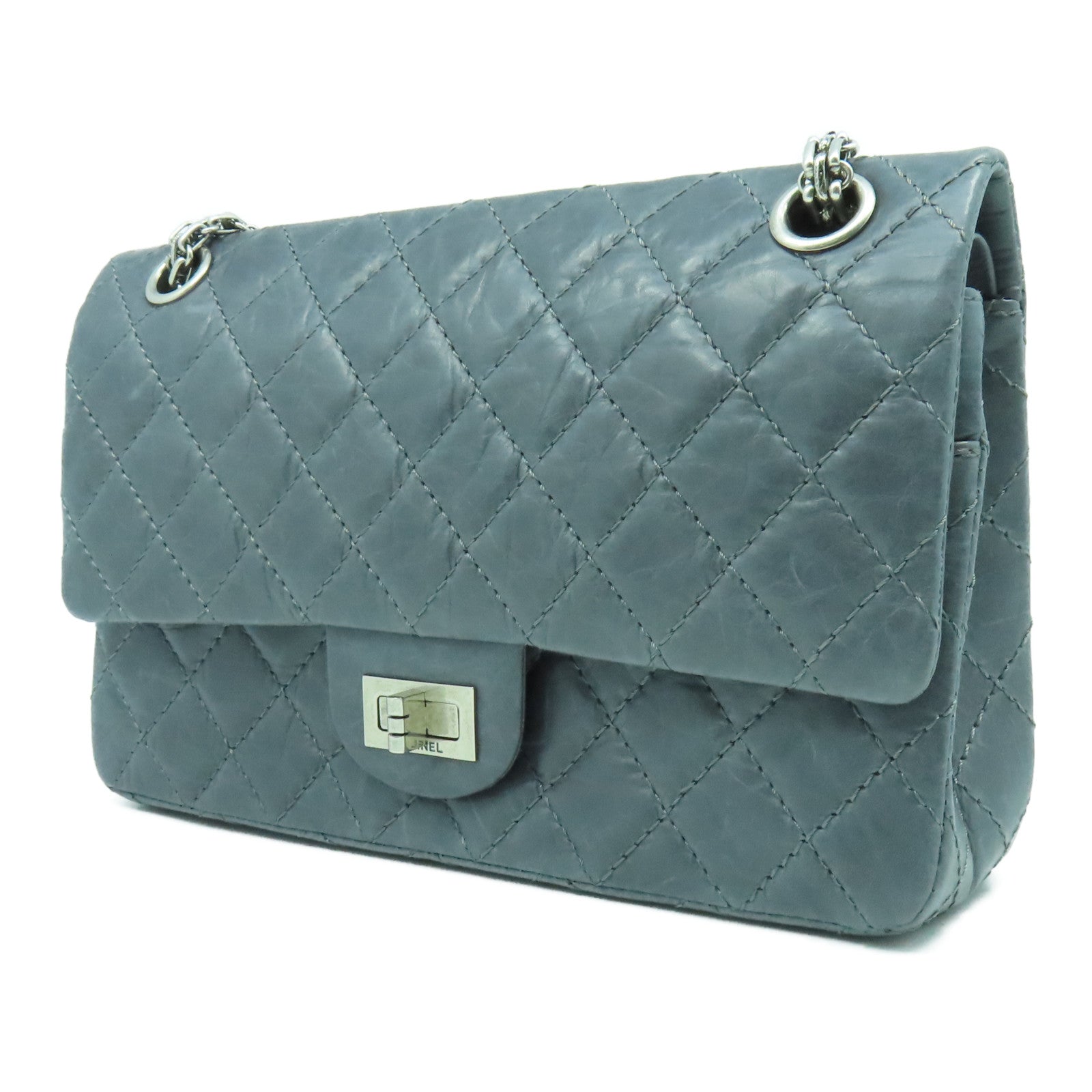 CHANEL 【激減優惠】菱格牛皮皮革2.55 Chain Shoulder銀扣鏈帶肩背袋灰色