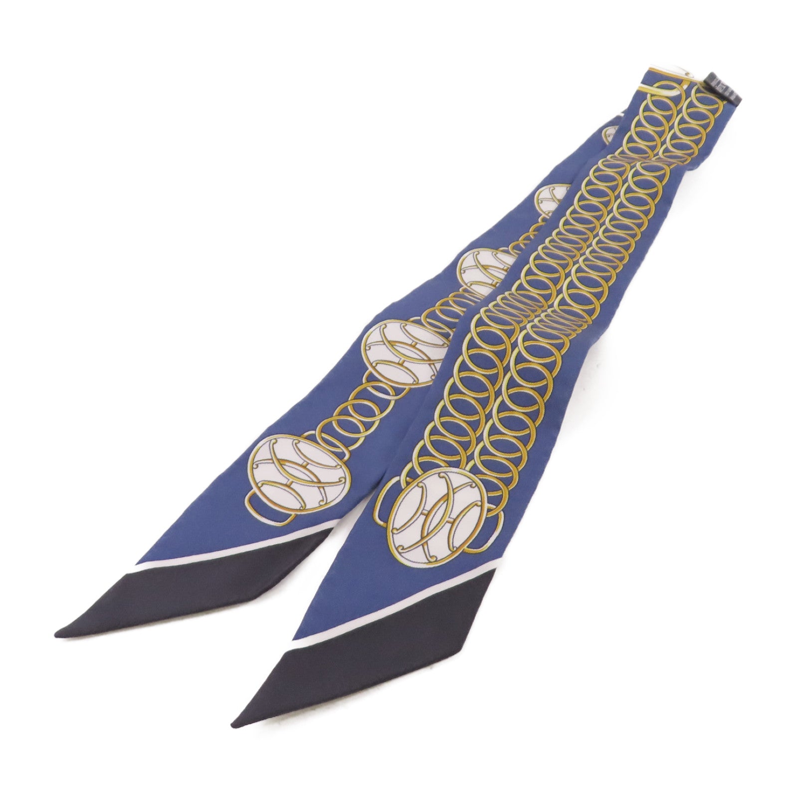 HERMES 絲質Twilly Scarf絲巾藍色/白色/金色/黑色