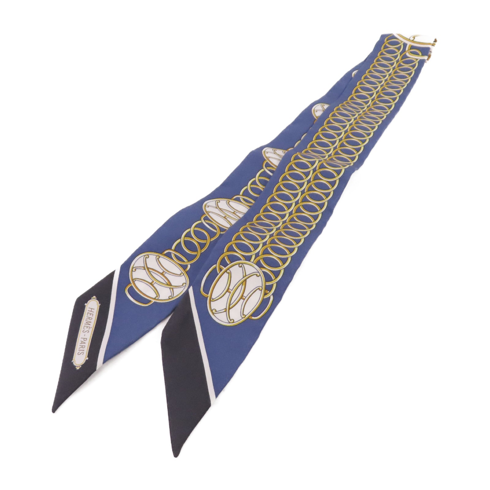 HERMES 絲質Twilly Scarf絲巾藍色/白色/金色/黑色