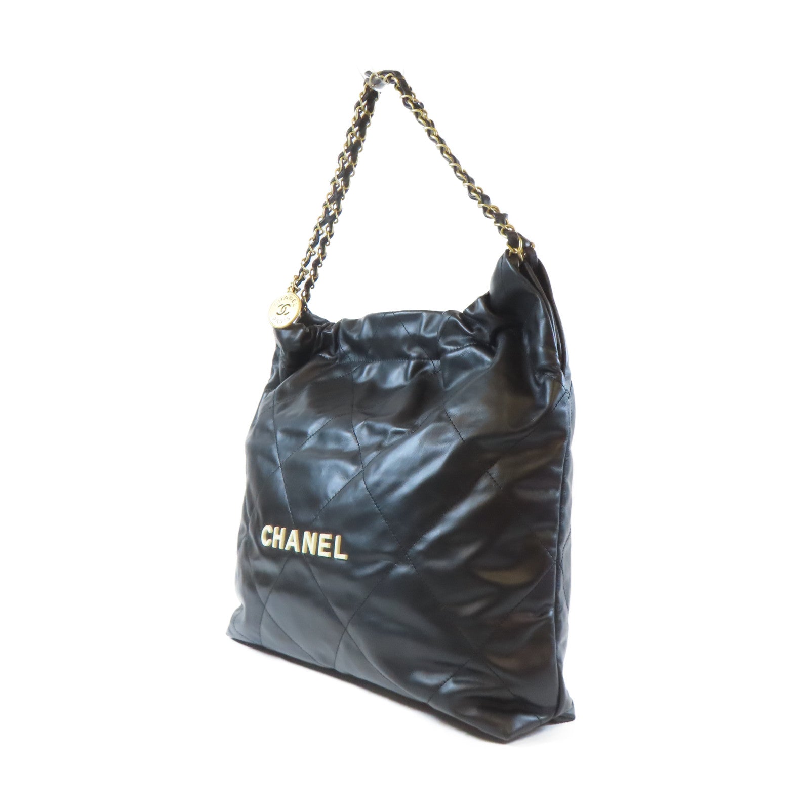 CHANEL 菱格羊皮皮革Chanel 22 Chain Shoulder Bag金扣鏈帶肩背袋黑色