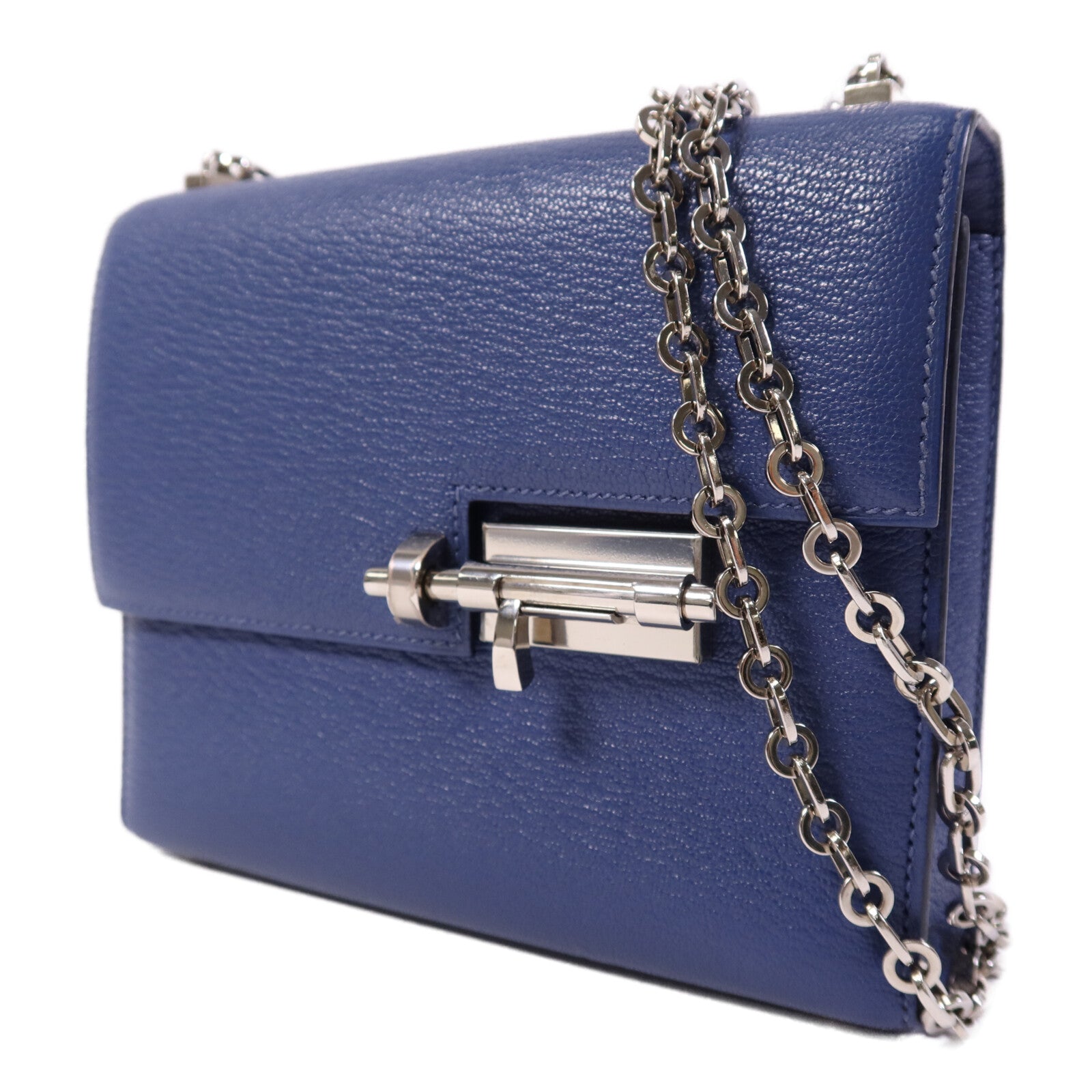 HERMES Chevre皮革Verrou Mini銀扣鏈帶肩背袋Bleu Brighton
