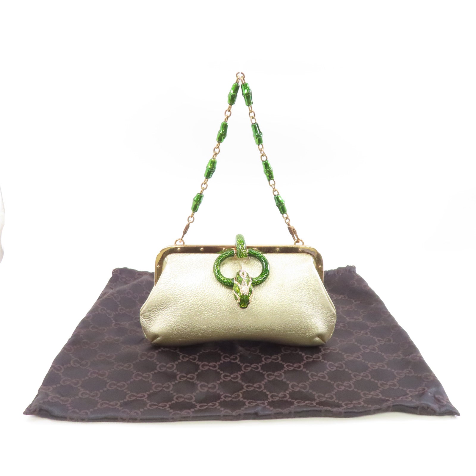 GUCCI 牛皮皮革Clutch Bag金扣手拿包金色/綠色