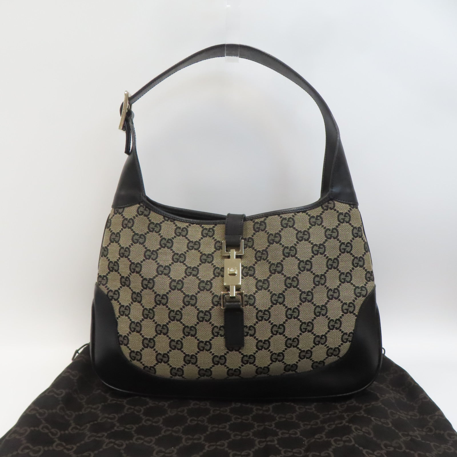 GUCCI 帆布Jackie銀扣手挽袋黑色