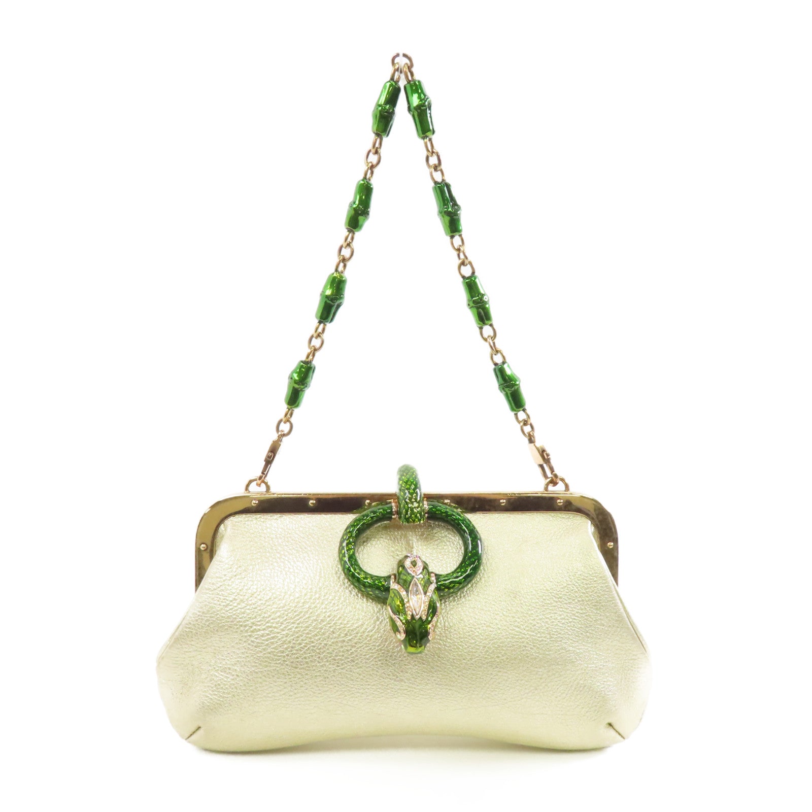 GUCCI 牛皮皮革Clutch Bag金扣手拿包金色/綠色