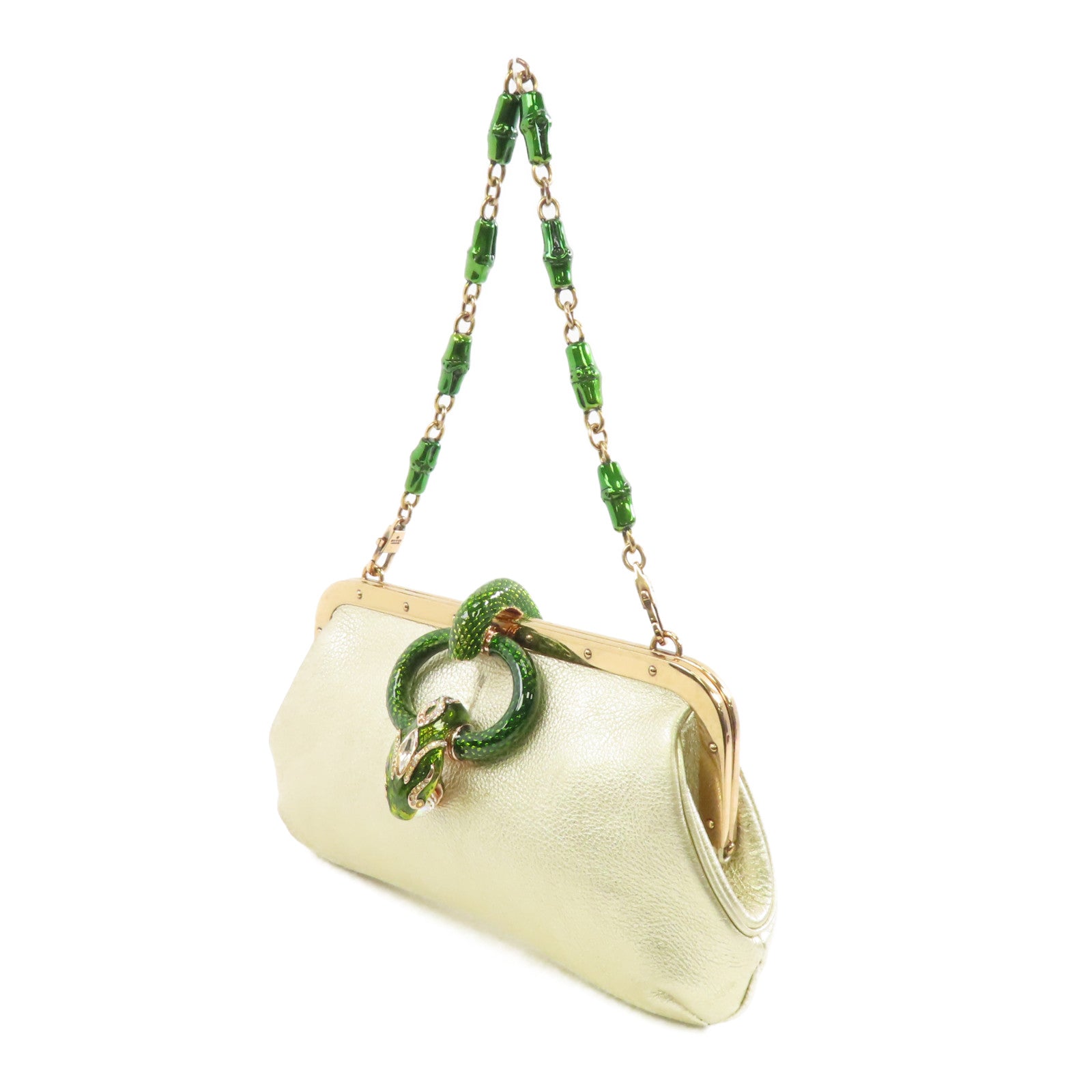 GUCCI 牛皮皮革Clutch Bag金扣手拿包金色/綠色