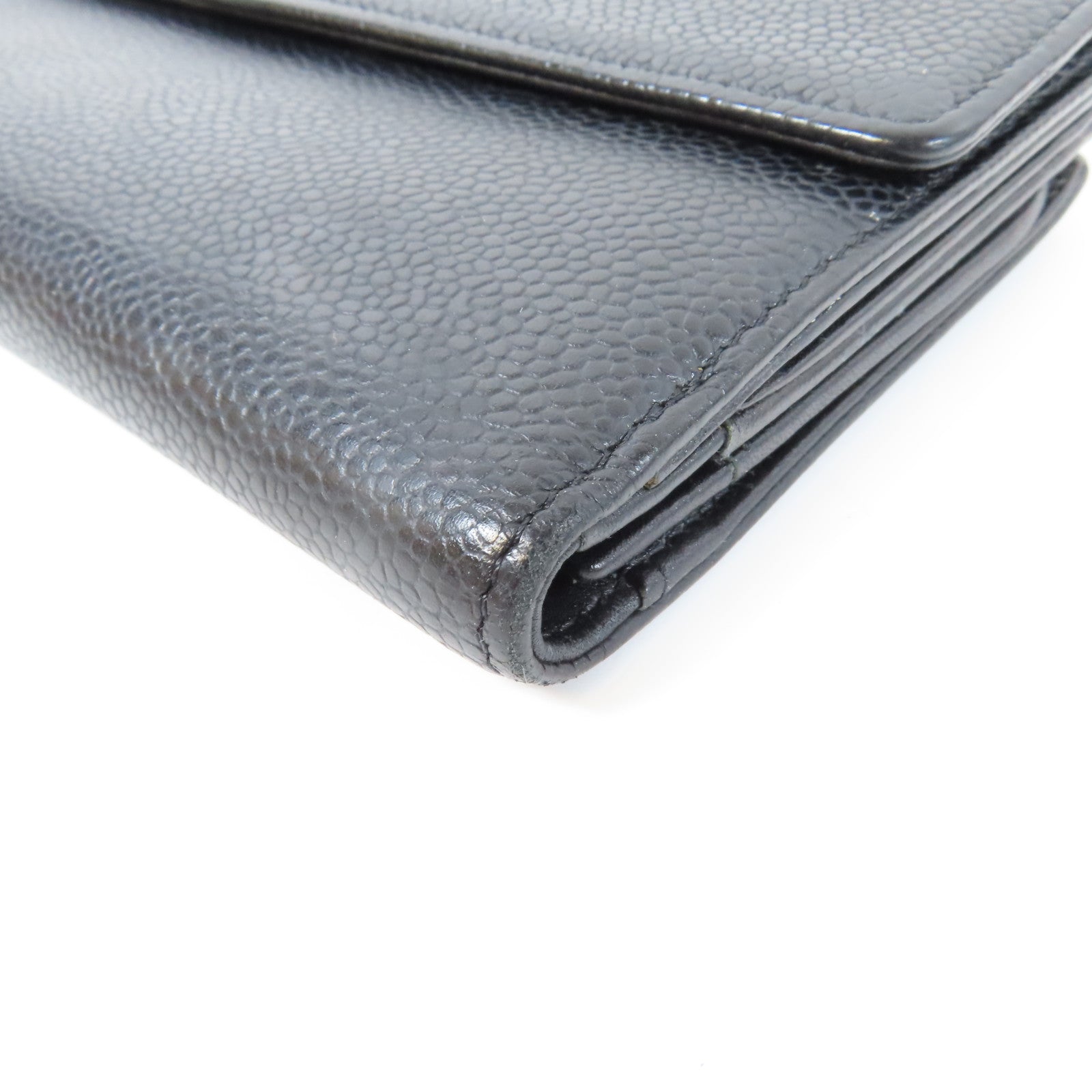 CHANEL 牛皮皮革Long Wallet銀扣長錢包黑色