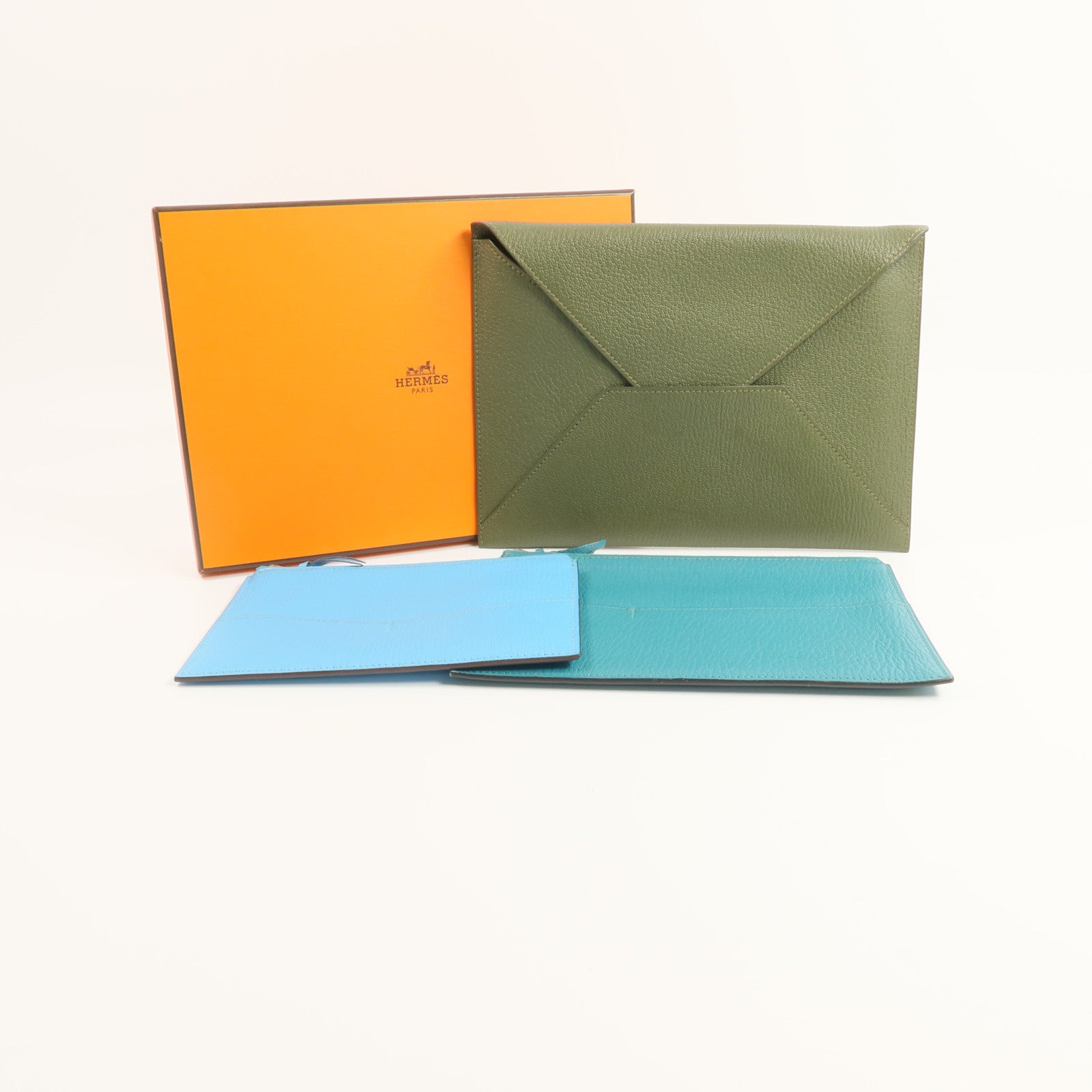 HERMES Chevre皮革Envelope Trio手拿包Vert Olive/Vert Verone/Bleu Azteque