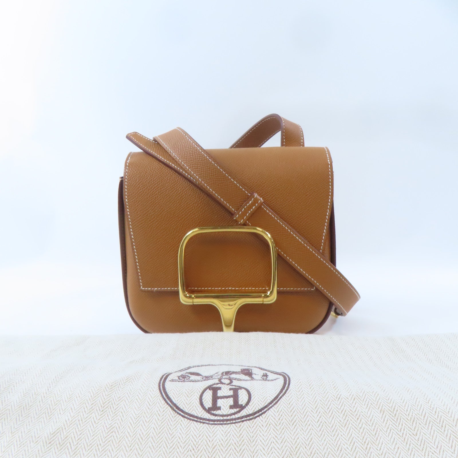 HERMES Epsom皮革Mini Della Caralleria金扣肩背袋Gold/棕色