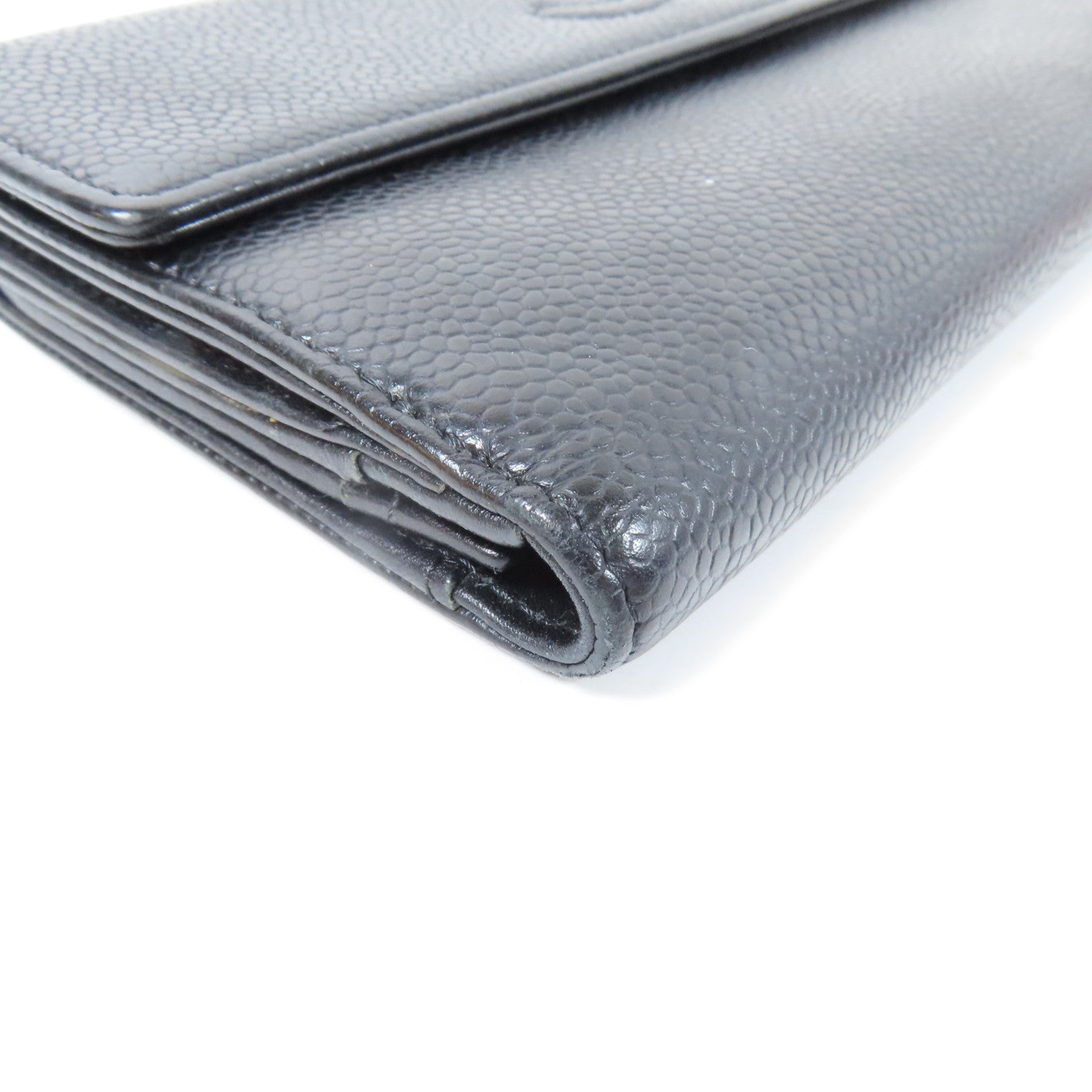 CHANEL 牛皮皮革Long Wallet銀扣長錢包黑色