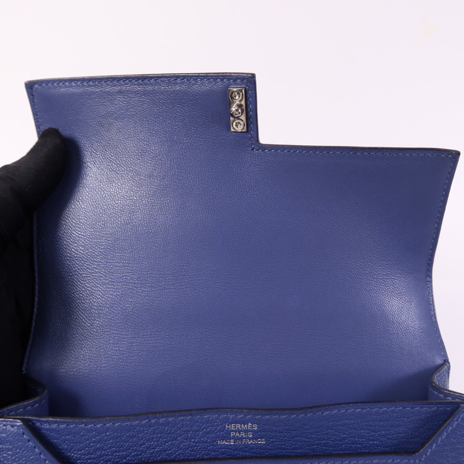 HERMES Chevre皮革Verrou Mini銀扣鏈帶肩背袋Bleu Brighton
