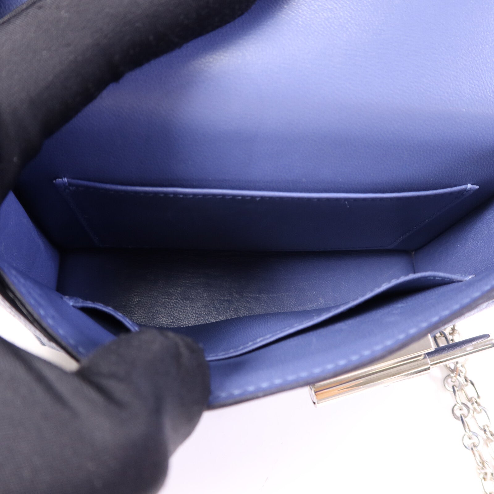 HERMES Chevre皮革Verrou Mini銀扣鏈帶肩背袋Bleu Brighton