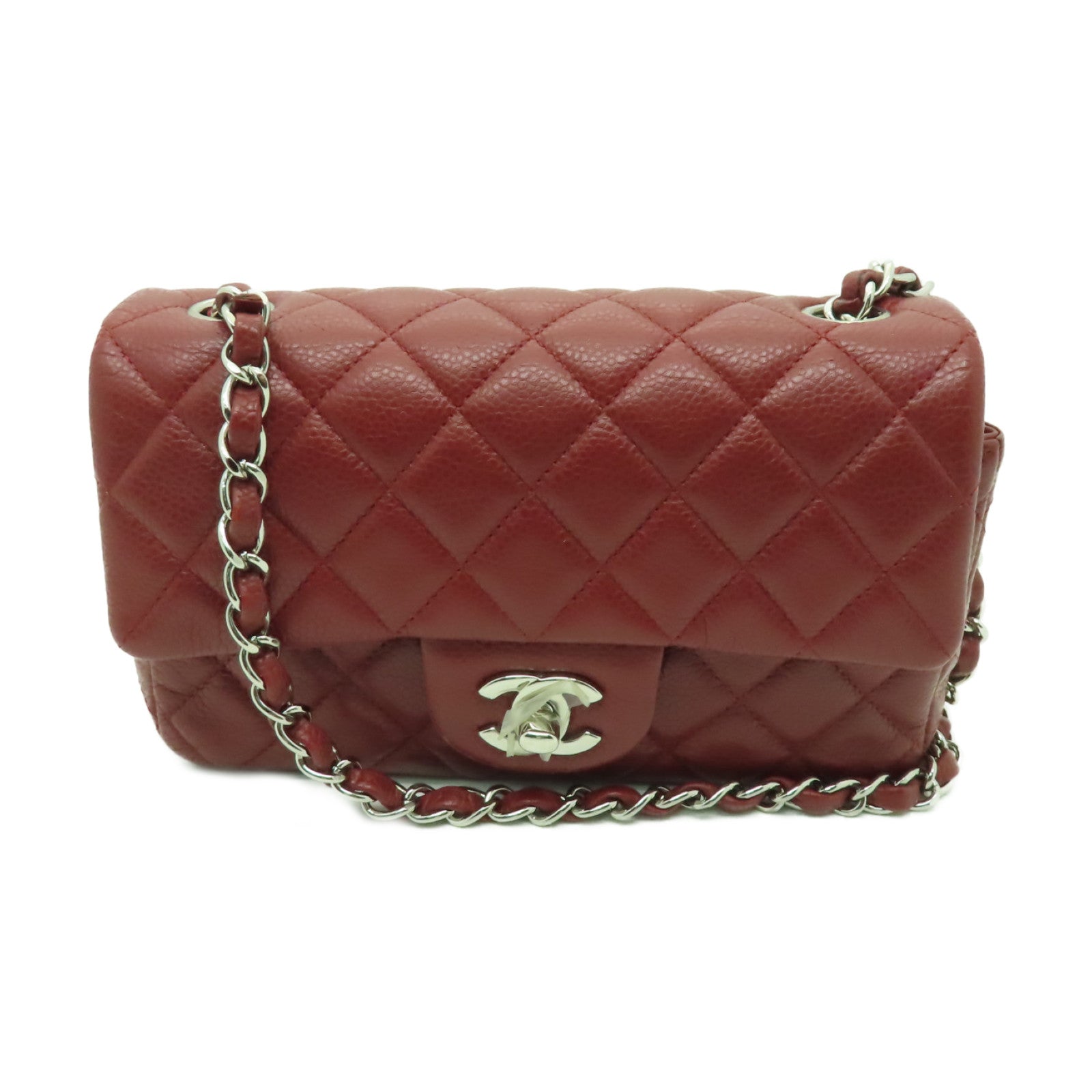 CHANEL **【清倉大減價】菱格Caviar皮革Classic Flap 20cm銀扣鏈帶肩背袋深紅色