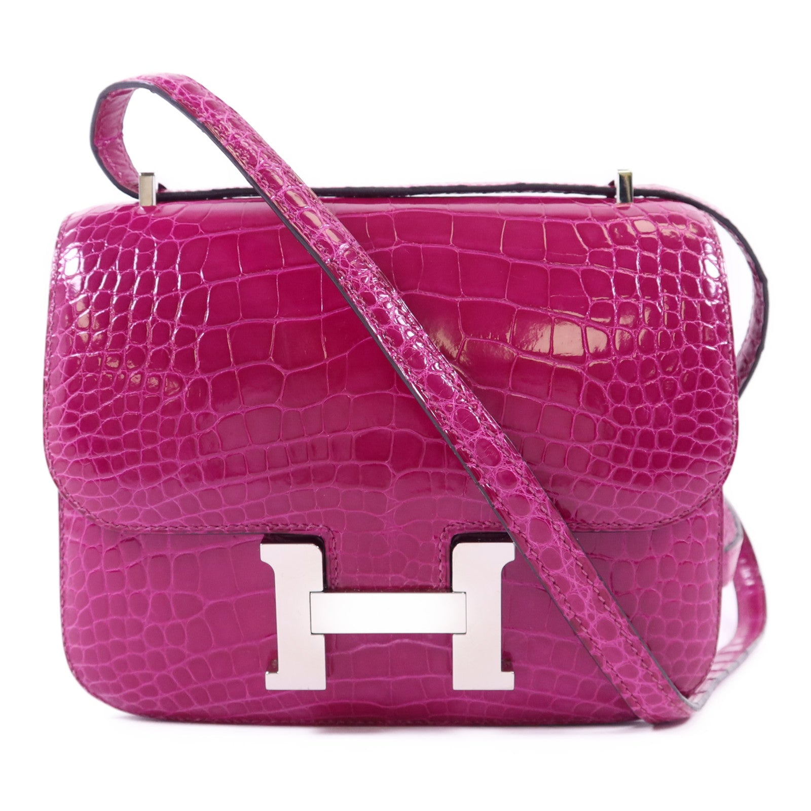 HERMES 【激減優惠】鱷魚皮革Constance Mini銀扣肩背袋Rose Scheherazade
