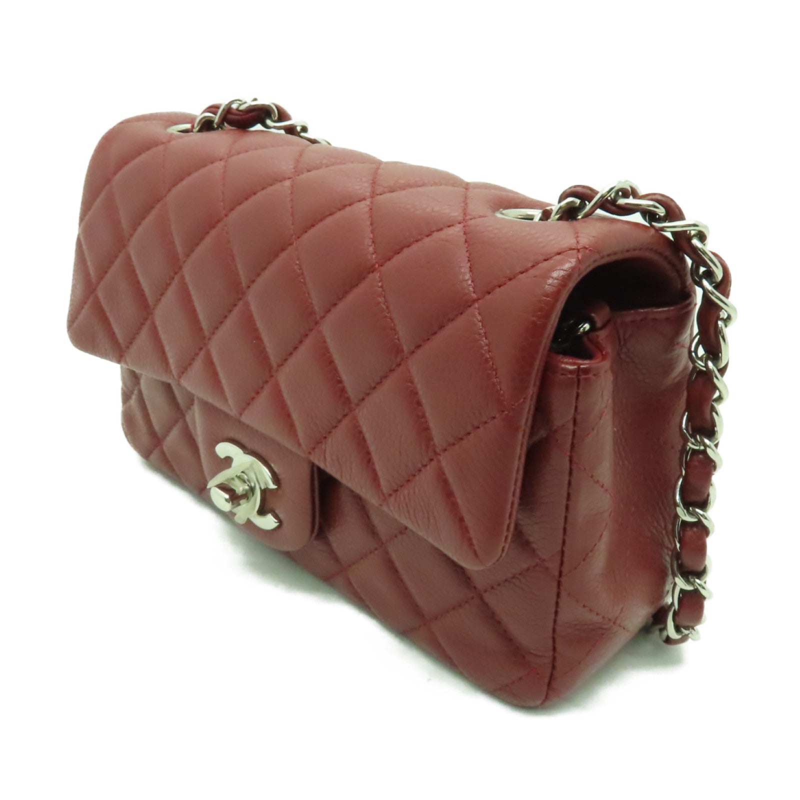 CHANEL **【清倉大減價】菱格Caviar皮革Classic Flap 20cm銀扣鏈帶肩背袋深紅色