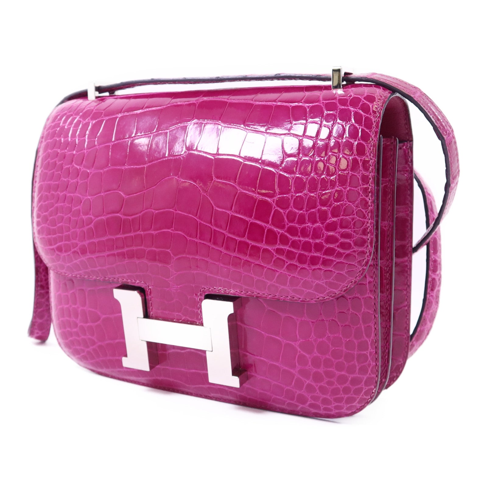 HERMES 鱷魚皮革Constance Mini銀扣肩背袋Rose Scheherazade