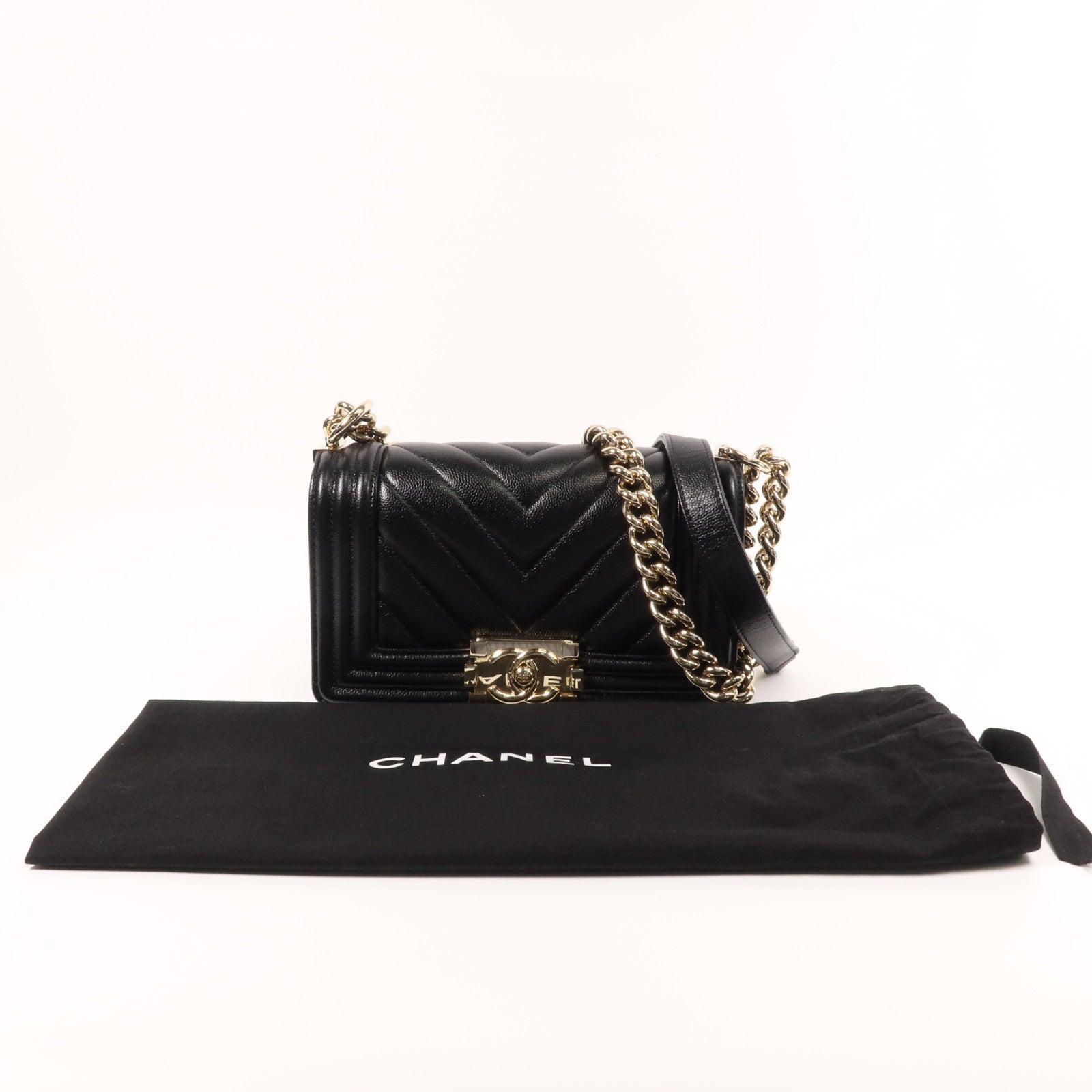 CHANEL 牛皮皮革Boy 20cm金扣鏈帶肩背袋