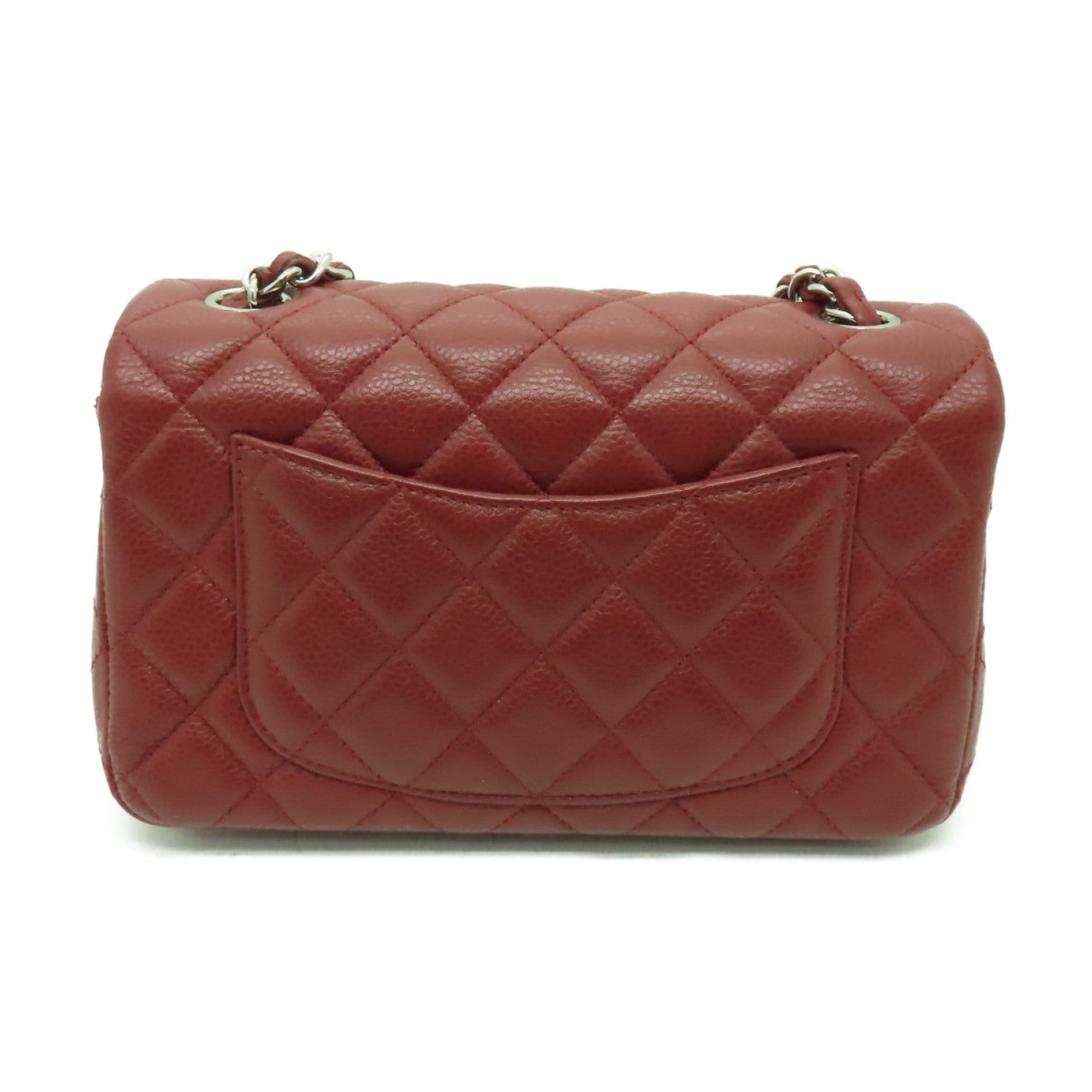 CHANEL **【清倉大減價】菱格Caviar皮革Classic Flap 20cm銀扣鏈帶肩背袋深紅色