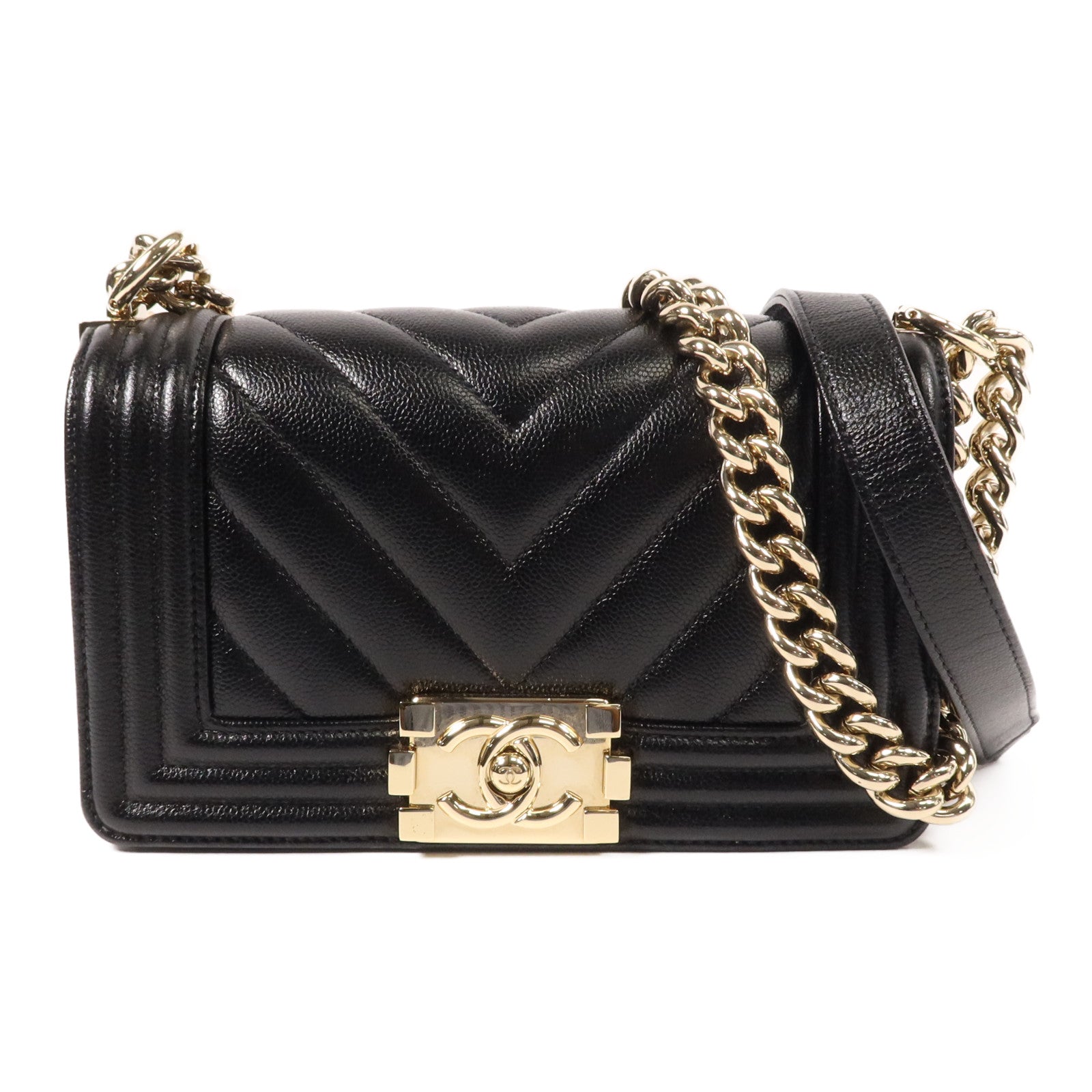 CHANEL 牛皮皮革Boy 20cm金扣鏈帶肩背袋