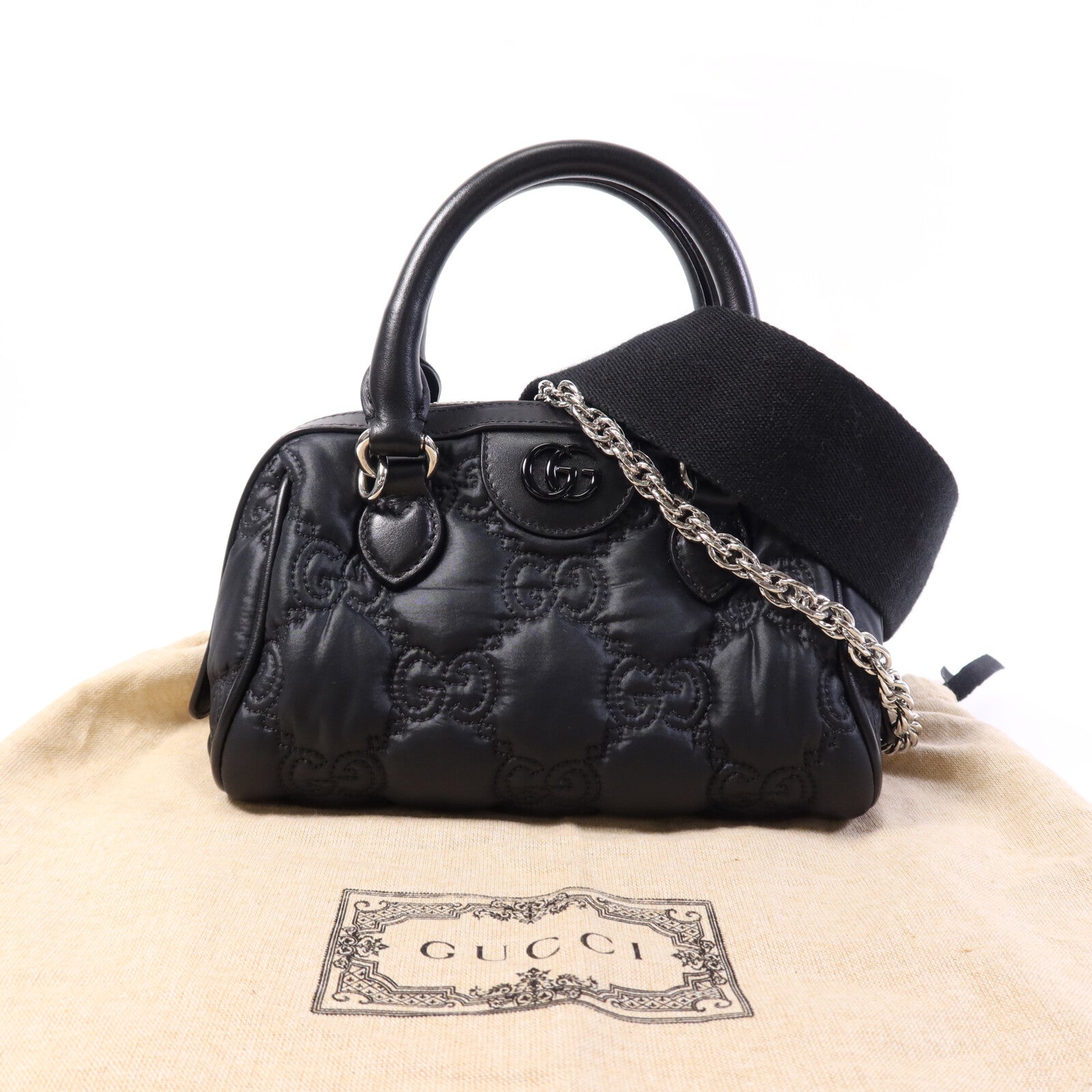 GUCCI 牛皮皮革GG Matelasse銀扣鏈帶手挽袋