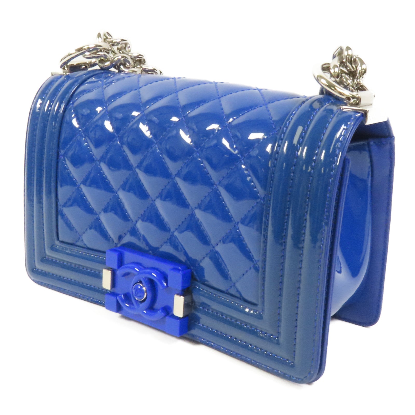 CHANEL 漆皮皮革Boy 20銀扣鏈帶肩背袋