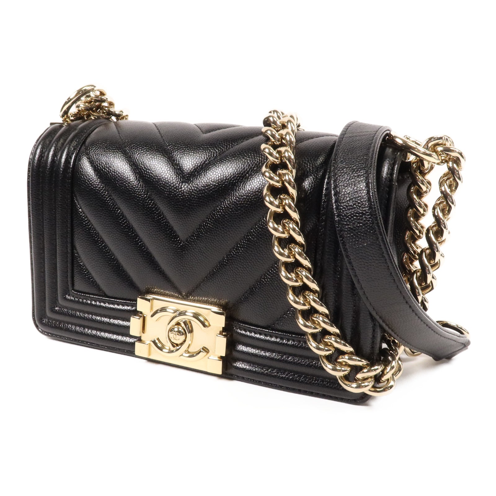 CHANEL 牛皮皮革Boy 20cm金扣鏈帶肩背袋