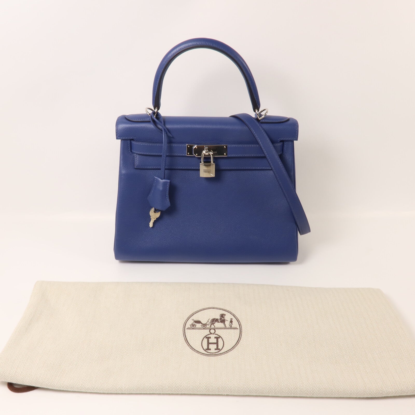 HERMES Evercolor皮革Kelly 28手挽肩背兩用袋Bleu Brighton/Orange Poppy