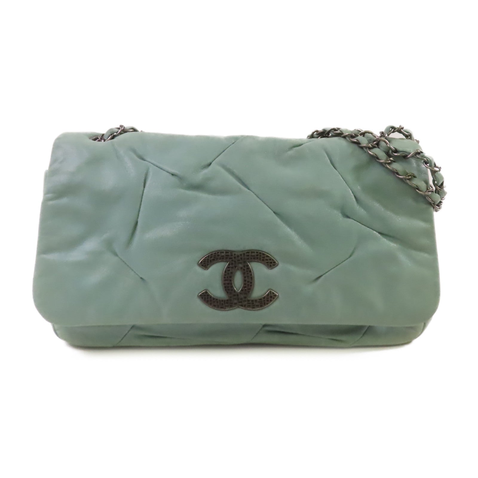 CHANEL 牛皮皮革Chain Shoulder Bag銀扣鏈帶肩背袋綠色