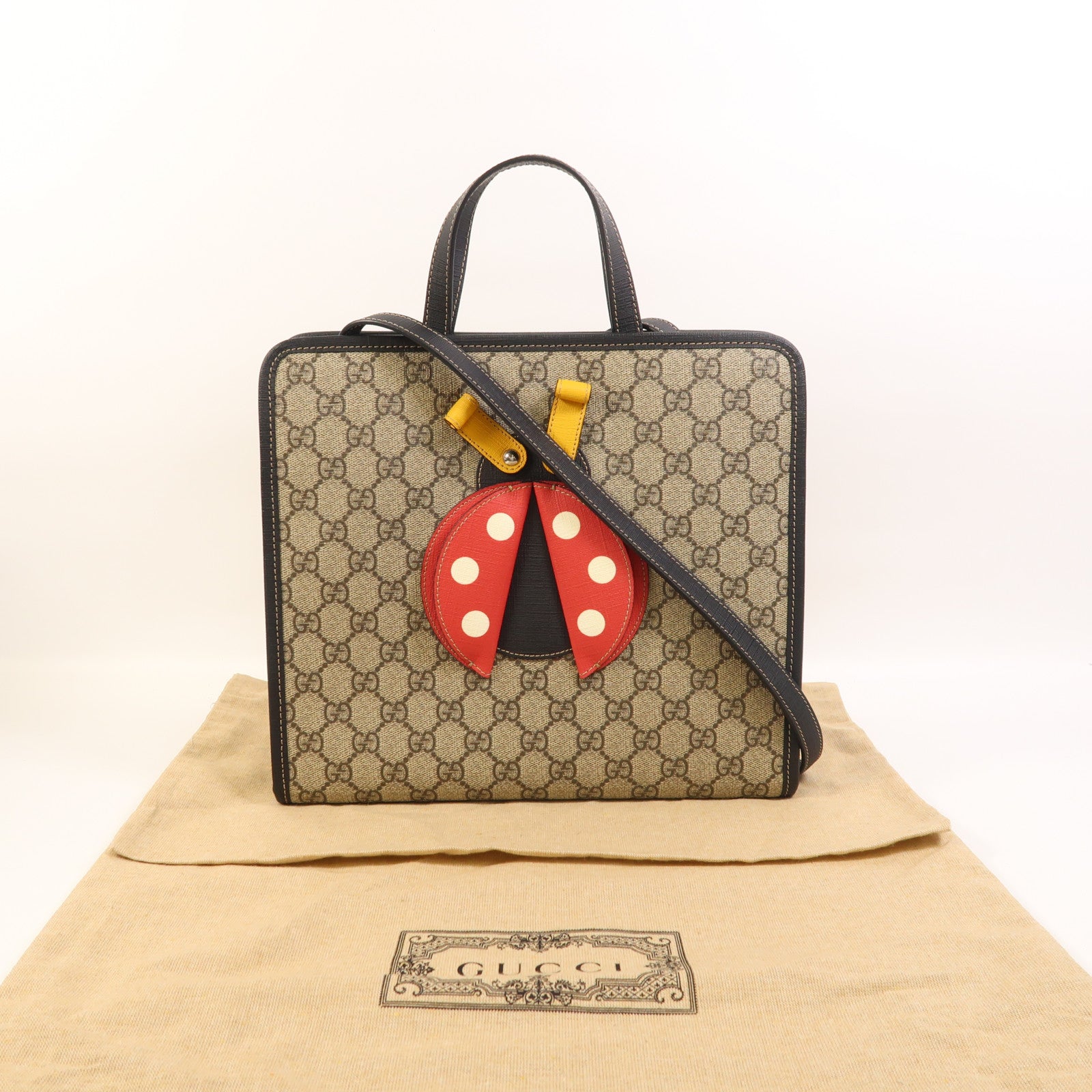 GUCCI 塗層帆布/牛皮皮革LadyBug銀扣手挽肩背兩用袋