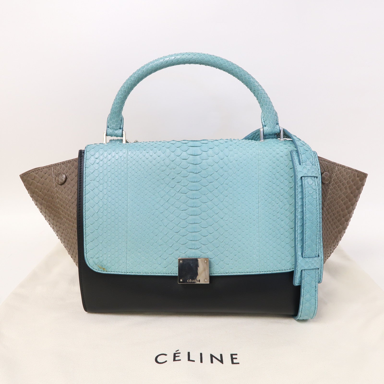 CELINE 蛇皮皮革Trapeze銀扣手挽肩背兩用袋藍色