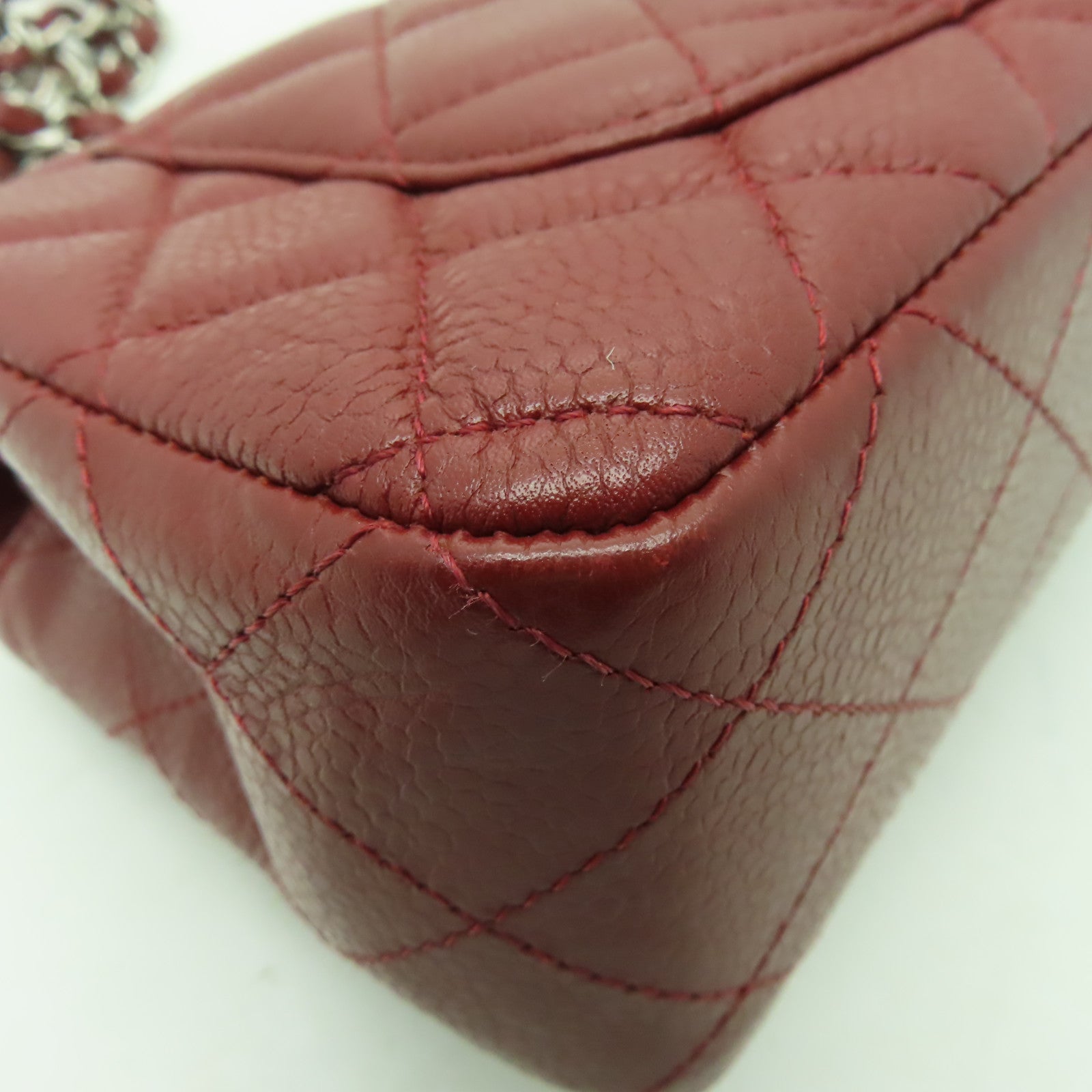 CHANEL **【清倉大減價】菱格Caviar皮革Classic Flap 20cm銀扣鏈帶肩背袋深紅色
