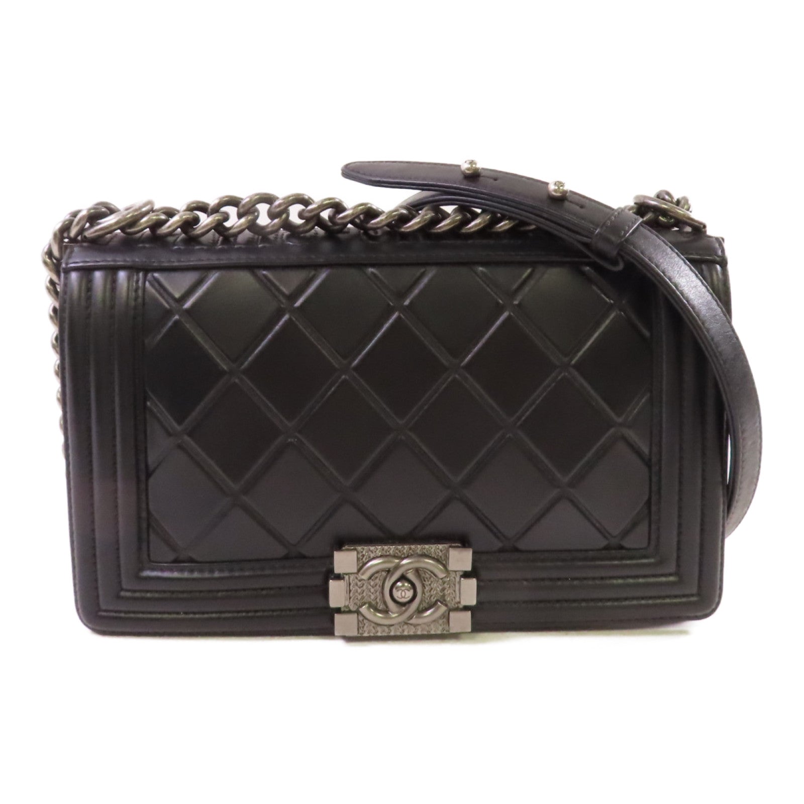 CHANEL 菱格牛皮皮革Boy Chanel 25cm Chain Shoulder Bag銀扣鏈帶肩背袋黑色