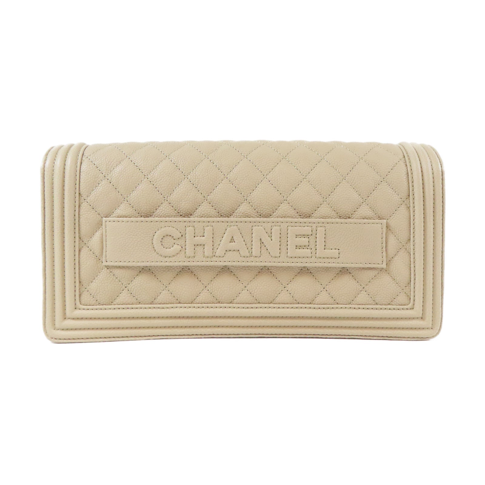 CHANEL 【激減優惠】菱格Caviar皮革Boy Clutch銀扣手拿包米色