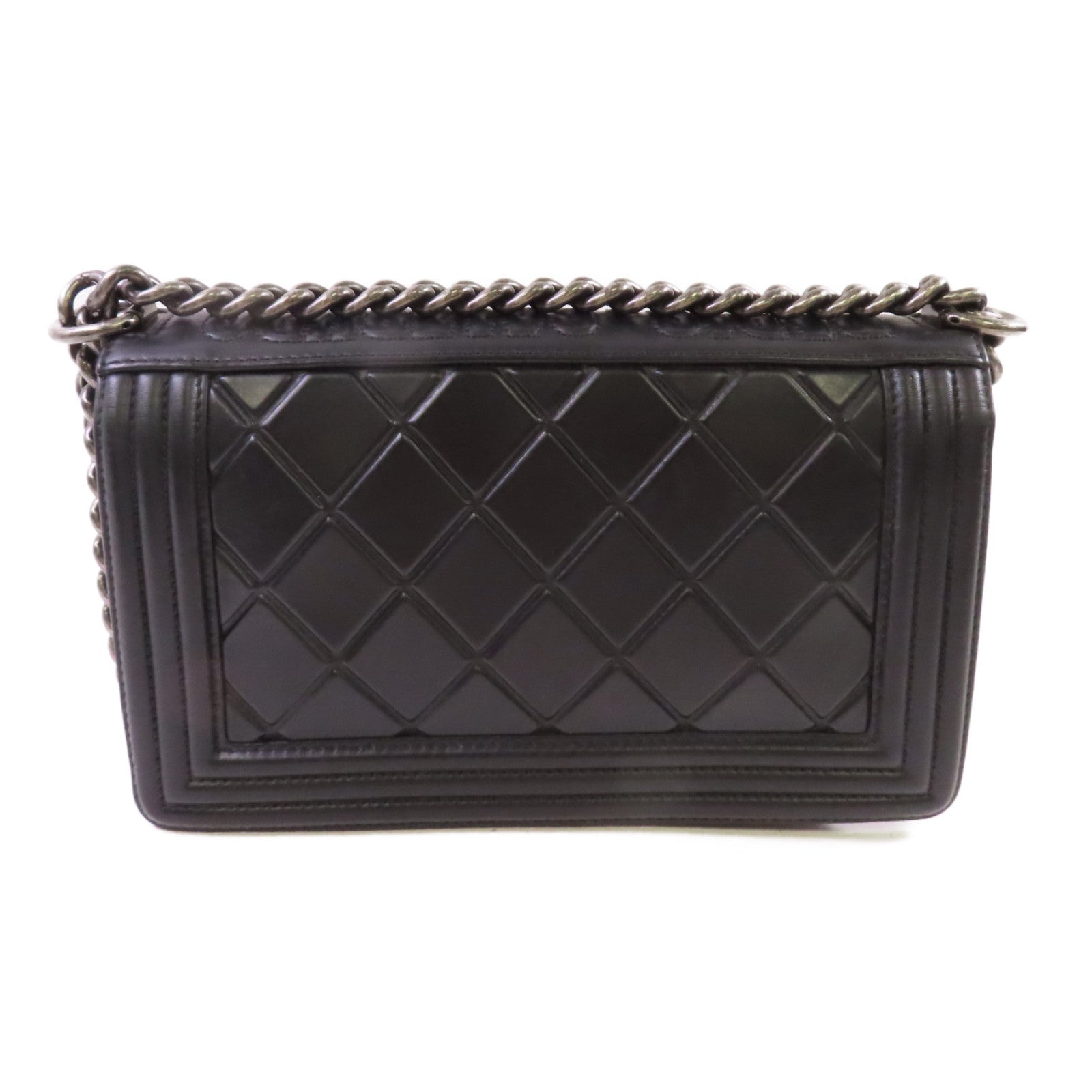 CHANEL 菱格牛皮皮革Boy Chanel 25cm Chain Shoulder Bag銀扣鏈帶肩背袋黑色